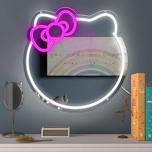 Miniatura 4 de Letrero de neón con espejo de gato de anime para decoración de pared, decoración de habitación de Hello Cat, bonito espejo de tocador con luz LED de