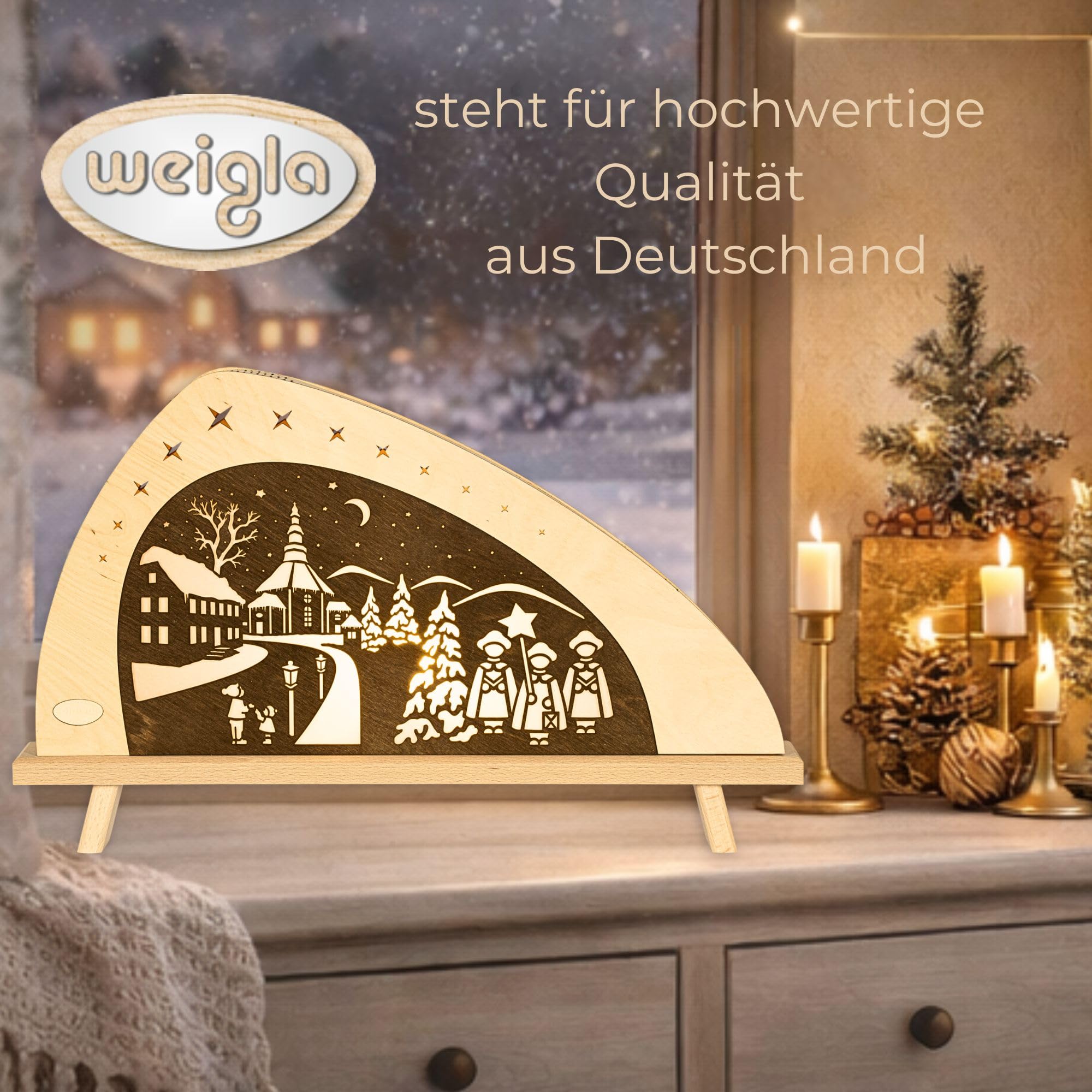 weigla - Dekoleuchte original Erzgebirge I Motiv Weihnachten in Seiffen I 1 LED Lampe I 0,8 W, E14 I Weihnachtsdeko innen I Weihnachtsbeleuchtung aus Holz I Fensterdeko
