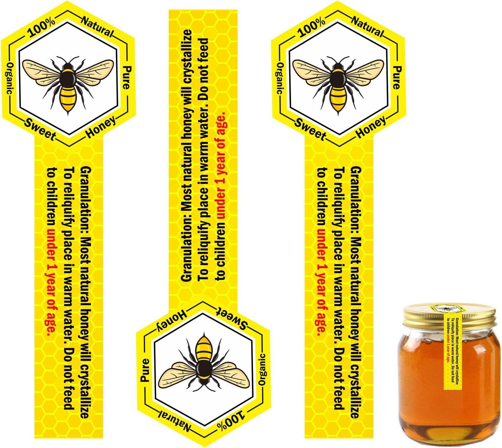 Tamper Proof Pure Honey Stickers 1.5 x 4 Inches Tamper Evident Seals Labels Honey Label Stickers for Honey Jars Bottle Lid Labels Tamper Proof Honey Labels Pure Honey Labels (Honey Bee)