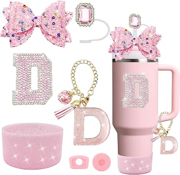 7PCS Pink Stanley Cup Accessories Set,Initials Decorations for Stanley Cup 30oz 40oz,Includes Jewel Straw Topper,Spill Proof Stopper, Handle Charm,Sparkly Silicone Boot,Letter Sticker,Bow pink D