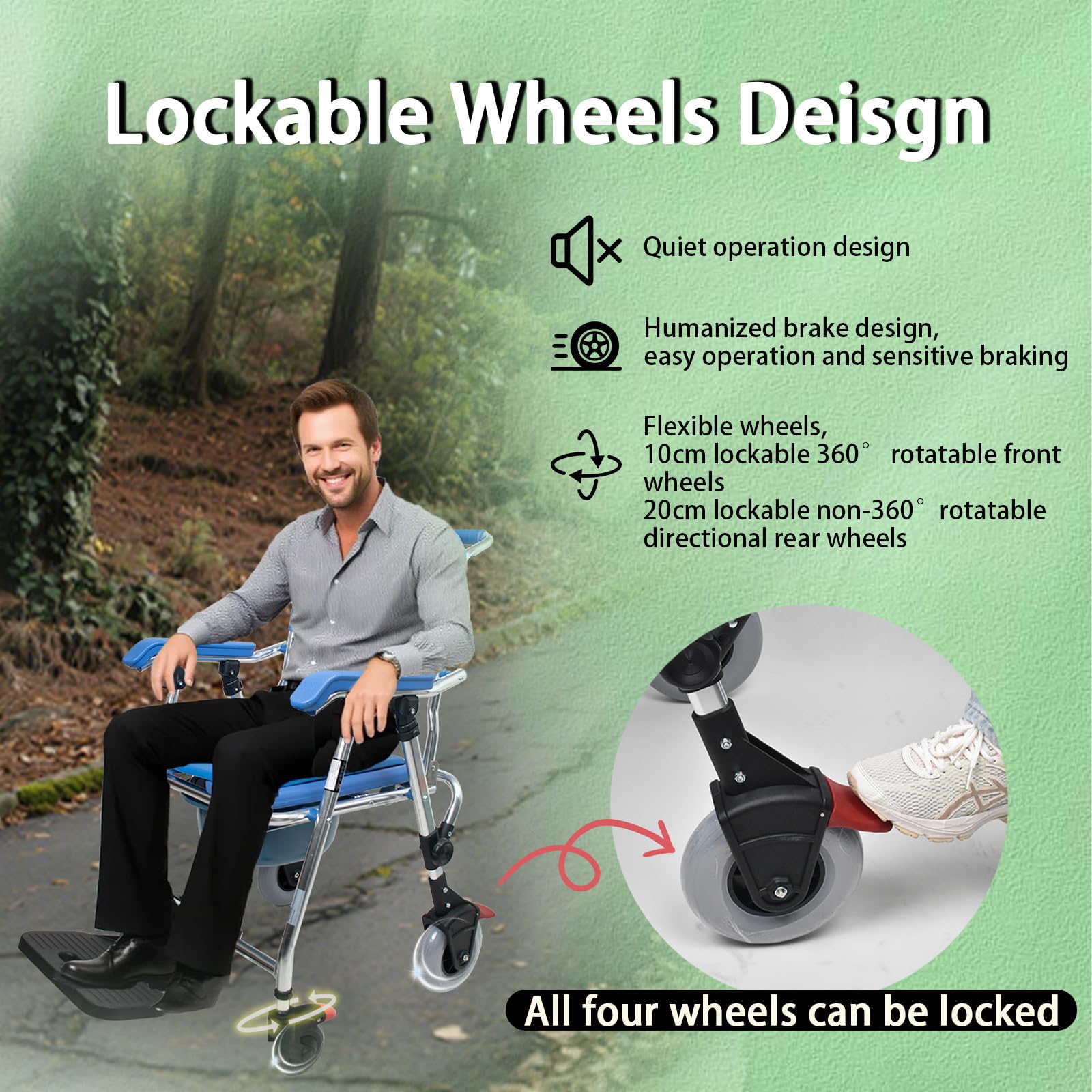 Sedia Comoda WC per Anziani con Rotelle, Sedia Comoda Pieghevole WC per Disabili con Padella, Sedia da Doccia Impermeabile e Antiscivolo con Braccioli e Schienale, Portata 150kg