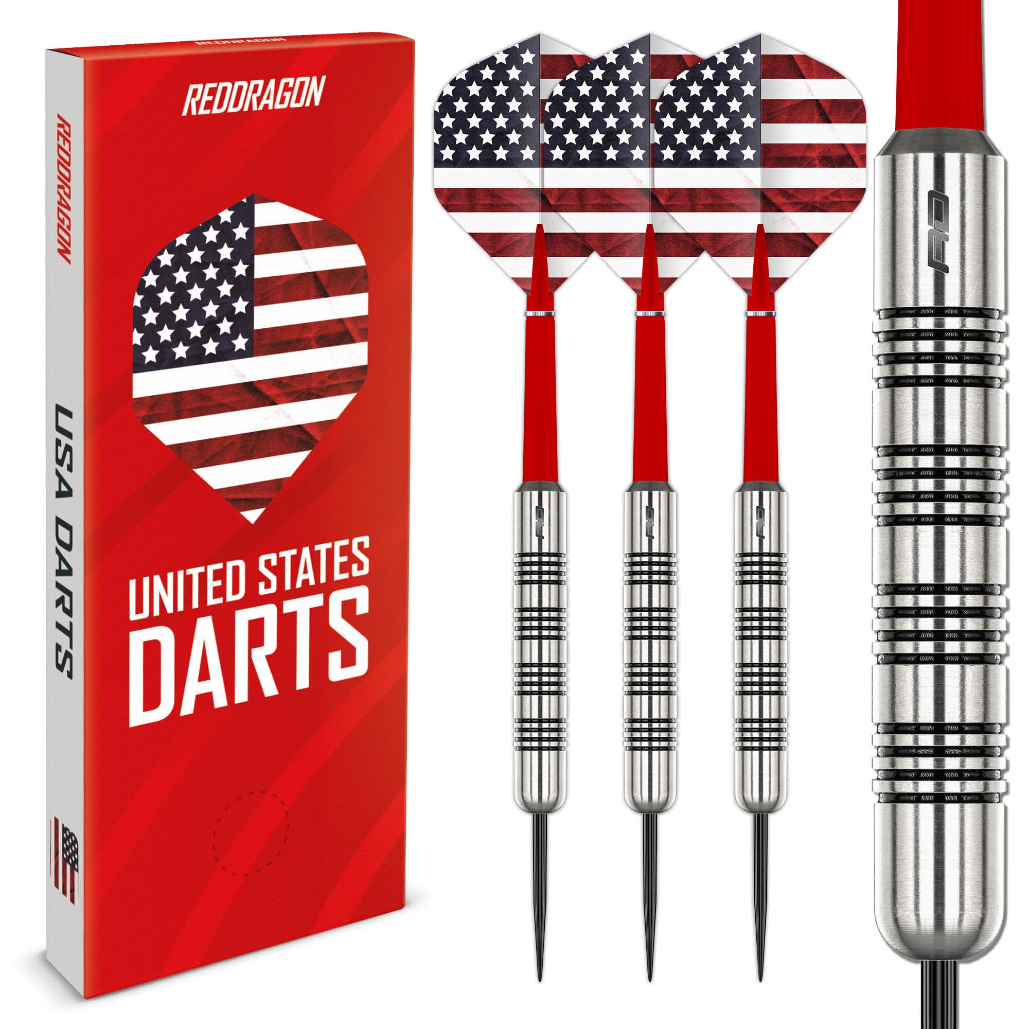 RED DRAGON Fly the Flag | Country Edition Steel Tip Darts Set | 24g Darts Set | 100-Micron Hardcore Flights | USA | 32mm Steel Dart & Shafts