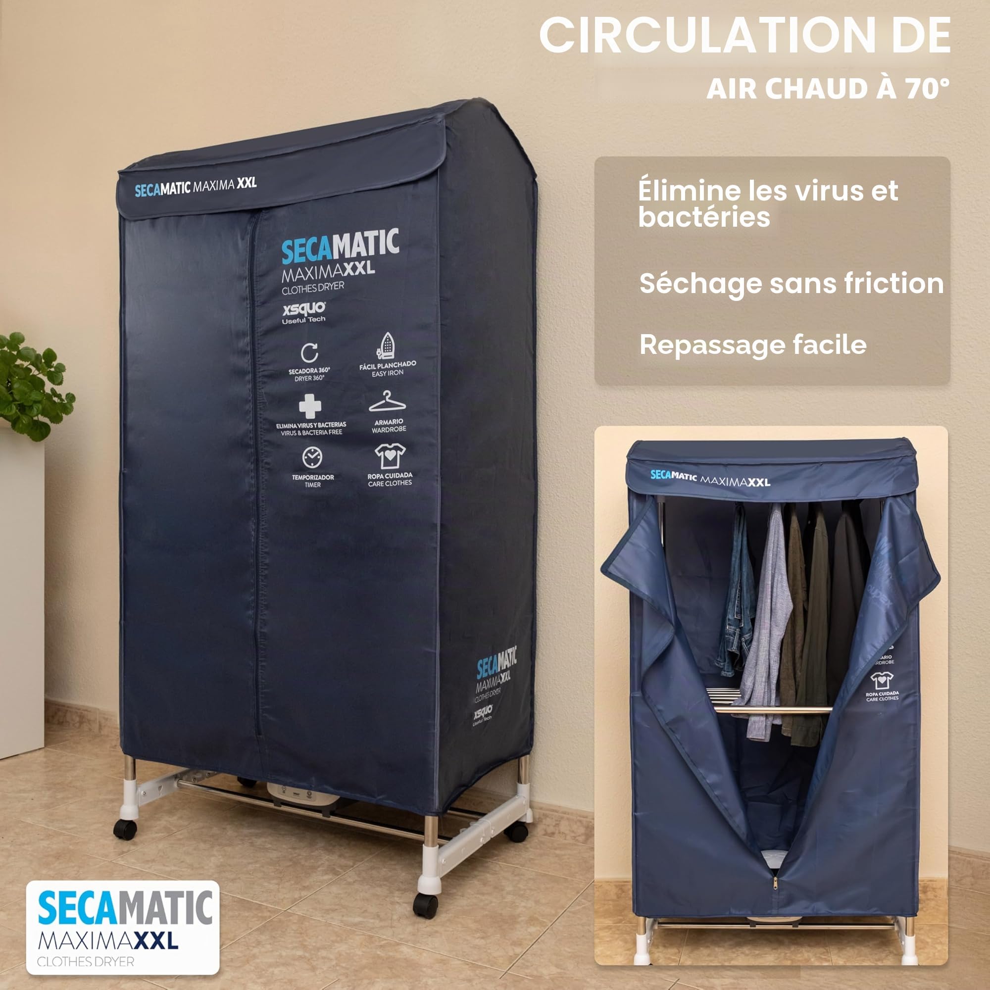 Sèche-linge par ventilation 1200 W, capacité de séchage 15 kg et 30 kg d'étendoir et d'armoire Minuterie 180 min, silencieux, multifonction Secamatics Maxima XXL