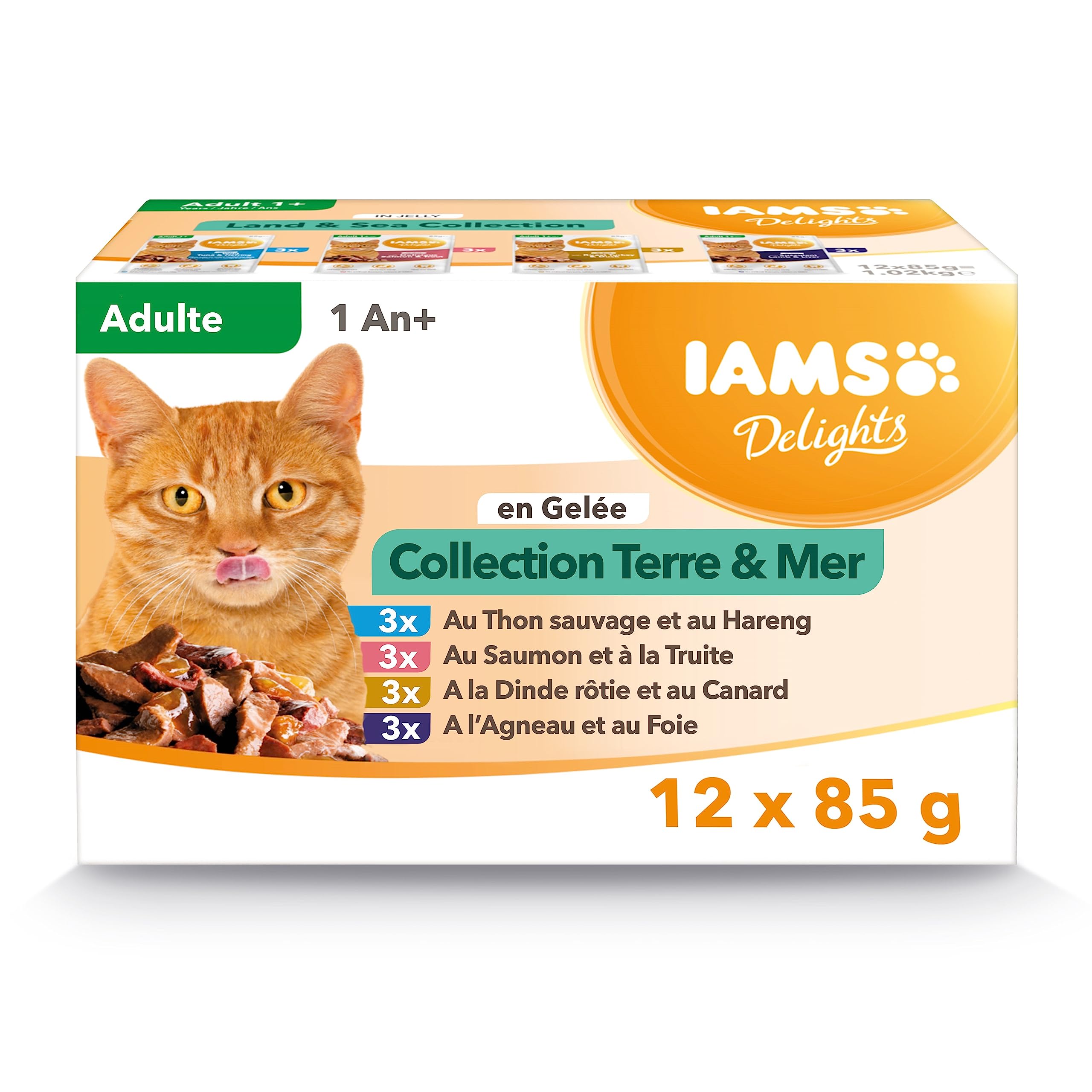 IAMS Chat Adulte Nourriture Humide en gelée Terre&Mer Land&Sea Collection 12 sachets x 85g
