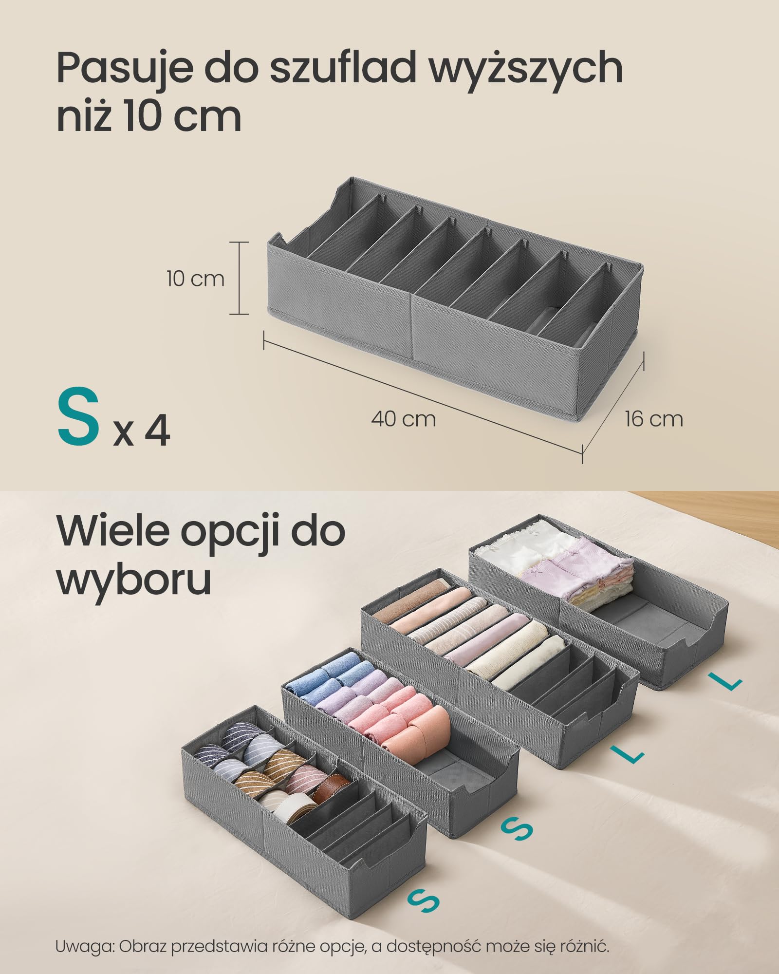 SONGMICS Zestaw 4 organizerów na bieliznę, organizer do szuflady do komód IKEA HEMNES i MALM, z przegródkami, składany organizer do szafy, 40 x 16 x 10 cm na skarpetki, gołębi szary RUS014G01