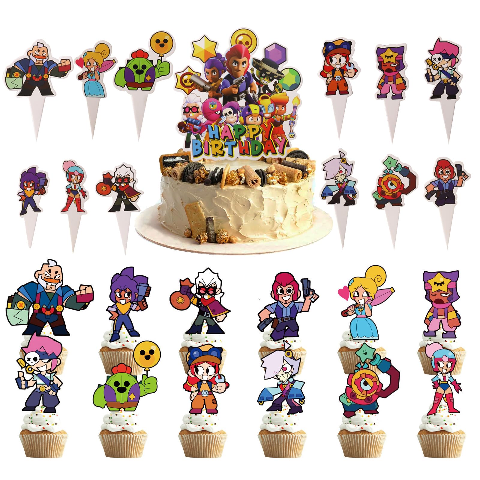 BRITIVIVE Cartoon Cupcake Toppers, Decoration, Pack of 25, Stars Figures, Cake Decoration, Happy Birthday Cake Decoration for Children, Muffin Decoration, Cake Topper, Birthday for Boys and Girls