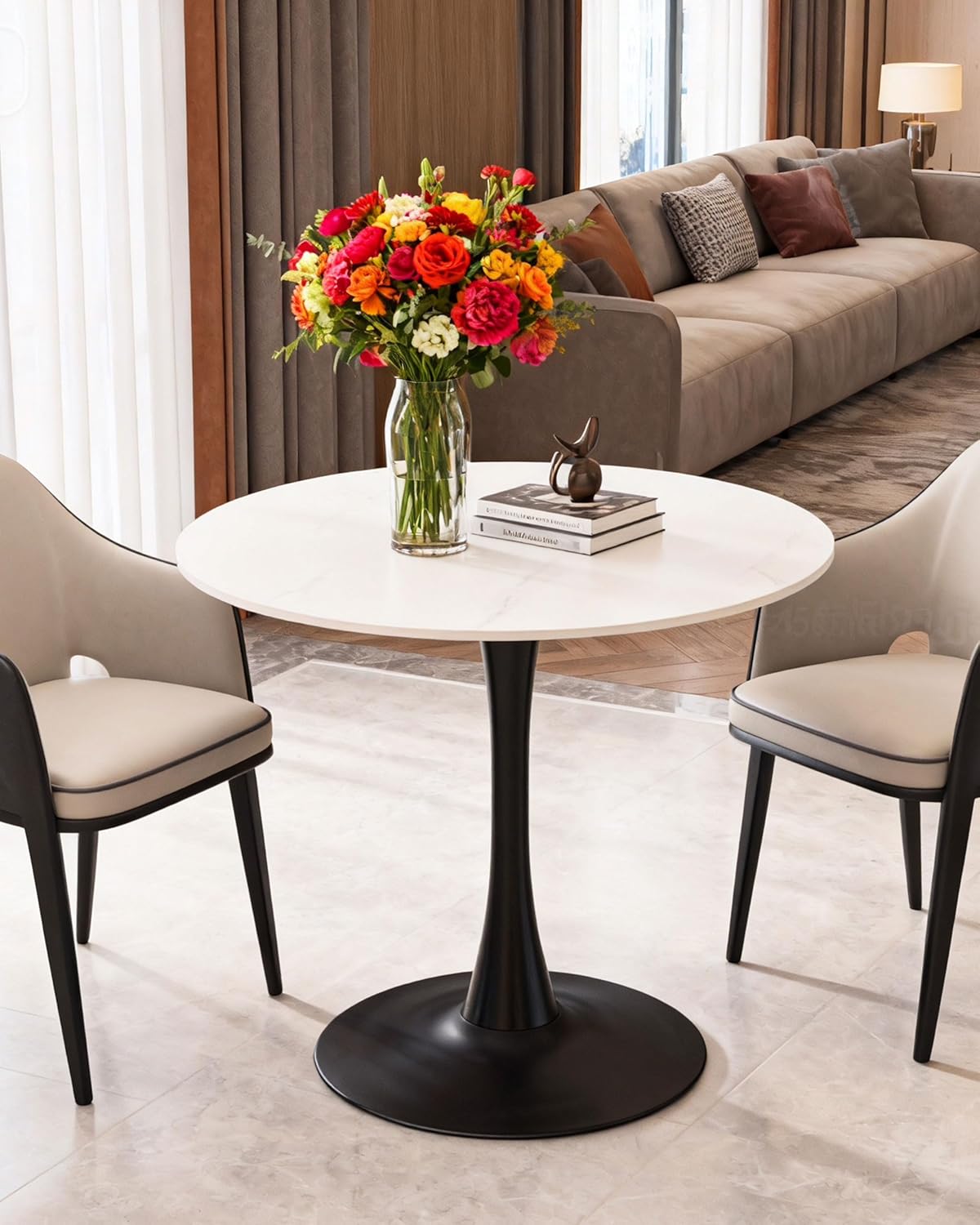 27.6" Round Dining Table with Marble Top and Iron Base - Modern & Elegant Design for Home & Restaurant Use Living Room, Café Coffee Table