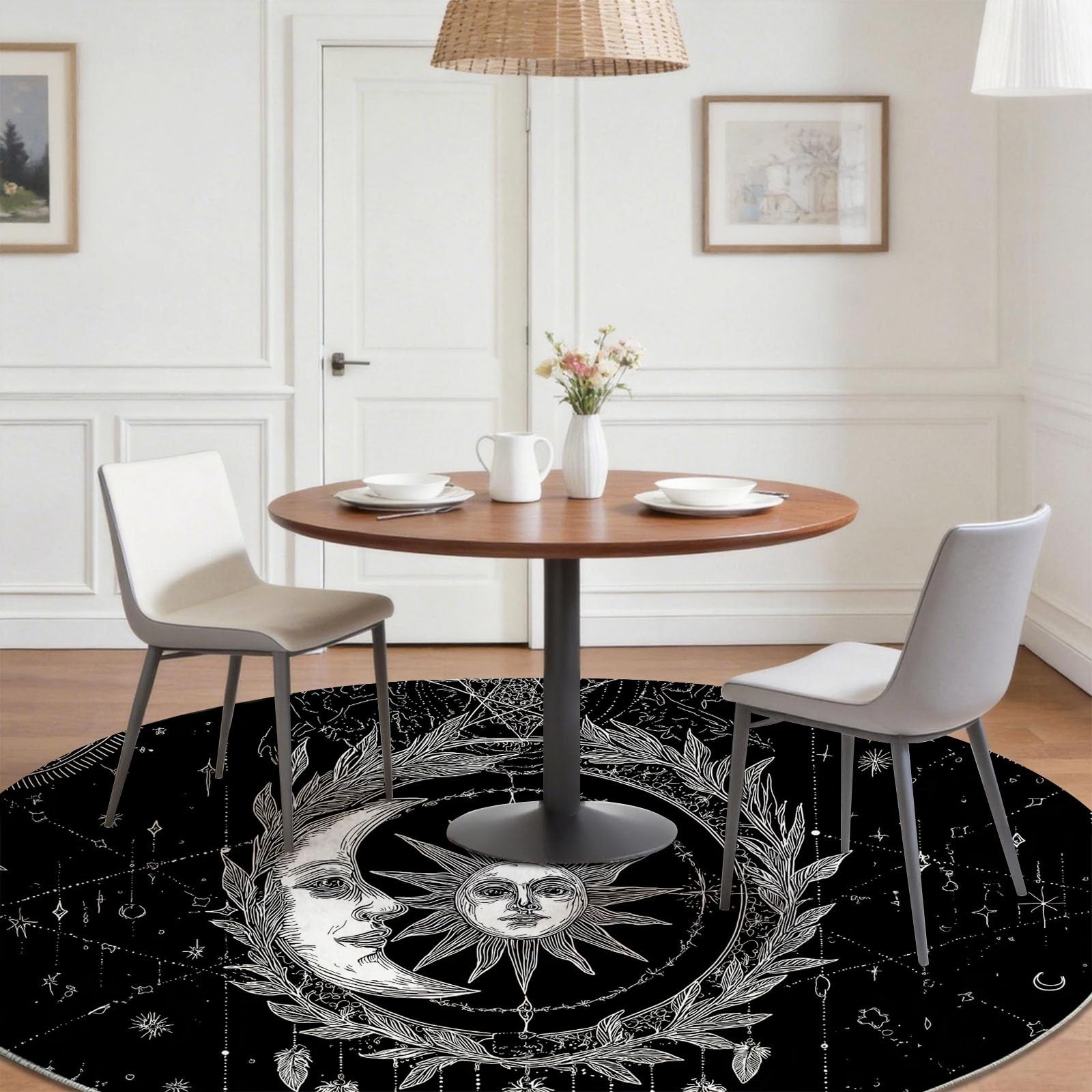 Générique Classique Soleil Lune Tapis Rond Enfant 180 cm, Lavable & Antidérapant, Noir Boho Ethnique Gothique Tapis de Jeux Doux pour Chambre Bébé & Nurserie