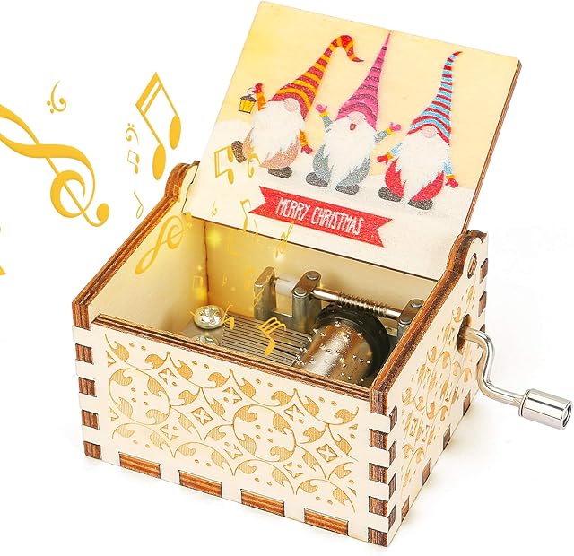 LINGSFIRE Merry Christmas Music Box, Engraved Vintage Wooden Musical Box for Girlfriends Daughter Mom Love, Santas Hand Crank Mini Music Box Crafts Play Merry Christmas Music