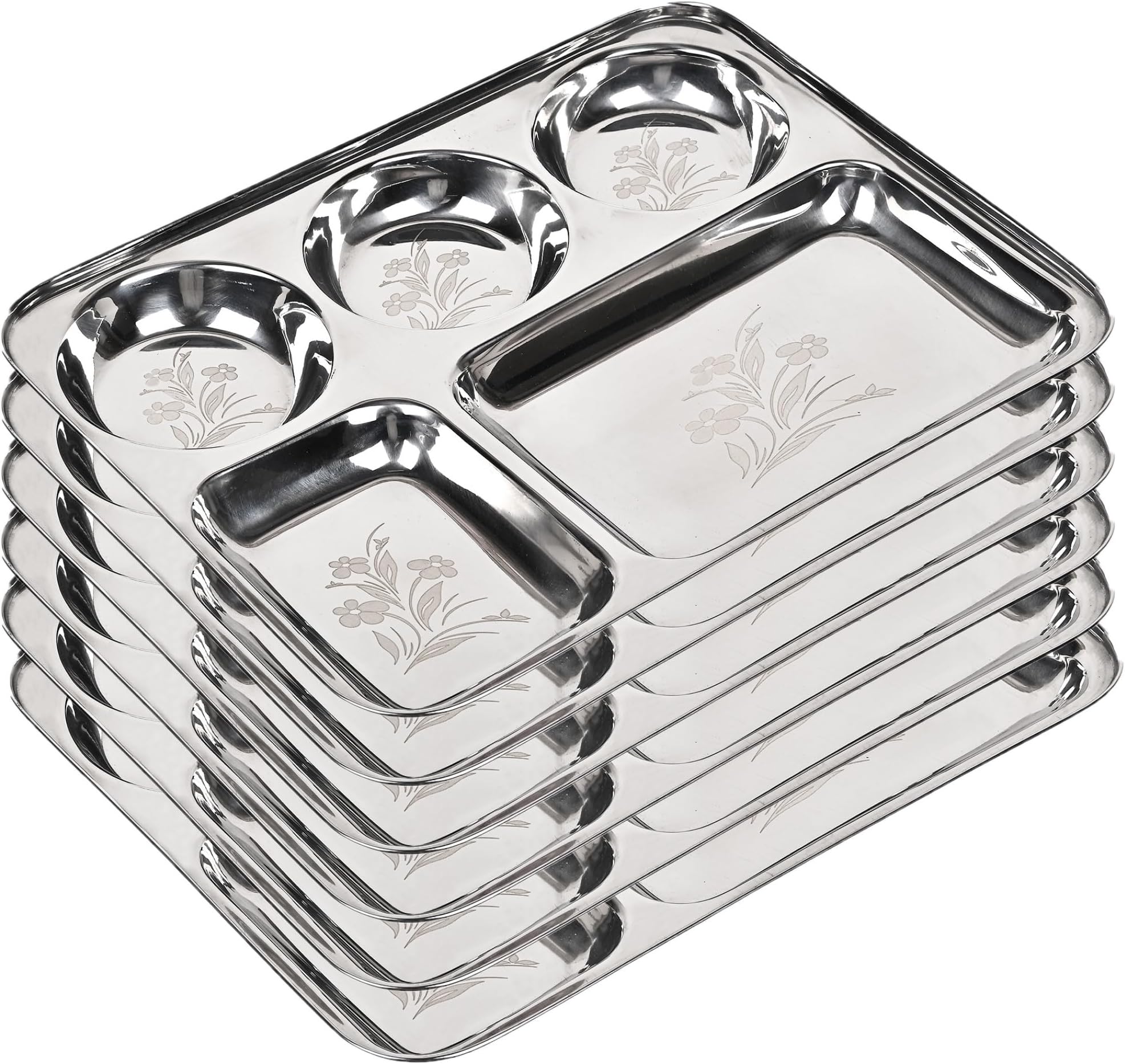 Stainless Steel Laser Partition Plate 5 in1 / Bhojan Thali/Dinner Plate Set of 6
