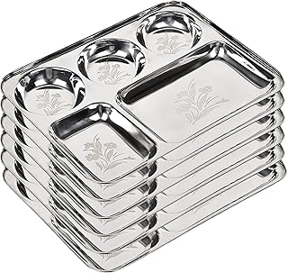 KC Stainless Steel Laser Partition Plate 5 in1 / Bhojan Thali/Dinner Plate Set of 6