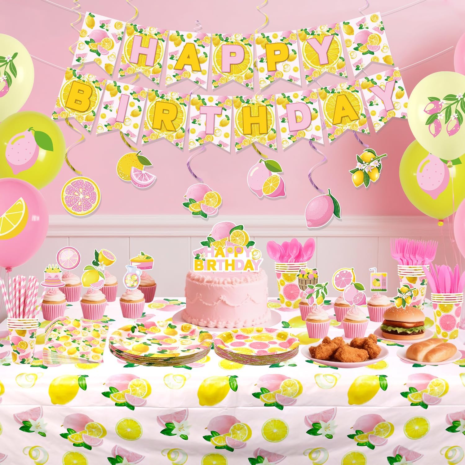 Lemon Birthday Party Decorations for Girl - Pink Lemon Party Supplies including Banner, Plate, Cake Topper, Cup, Napkin, Balloon, Tablecloth - Serves 20 - Image 6