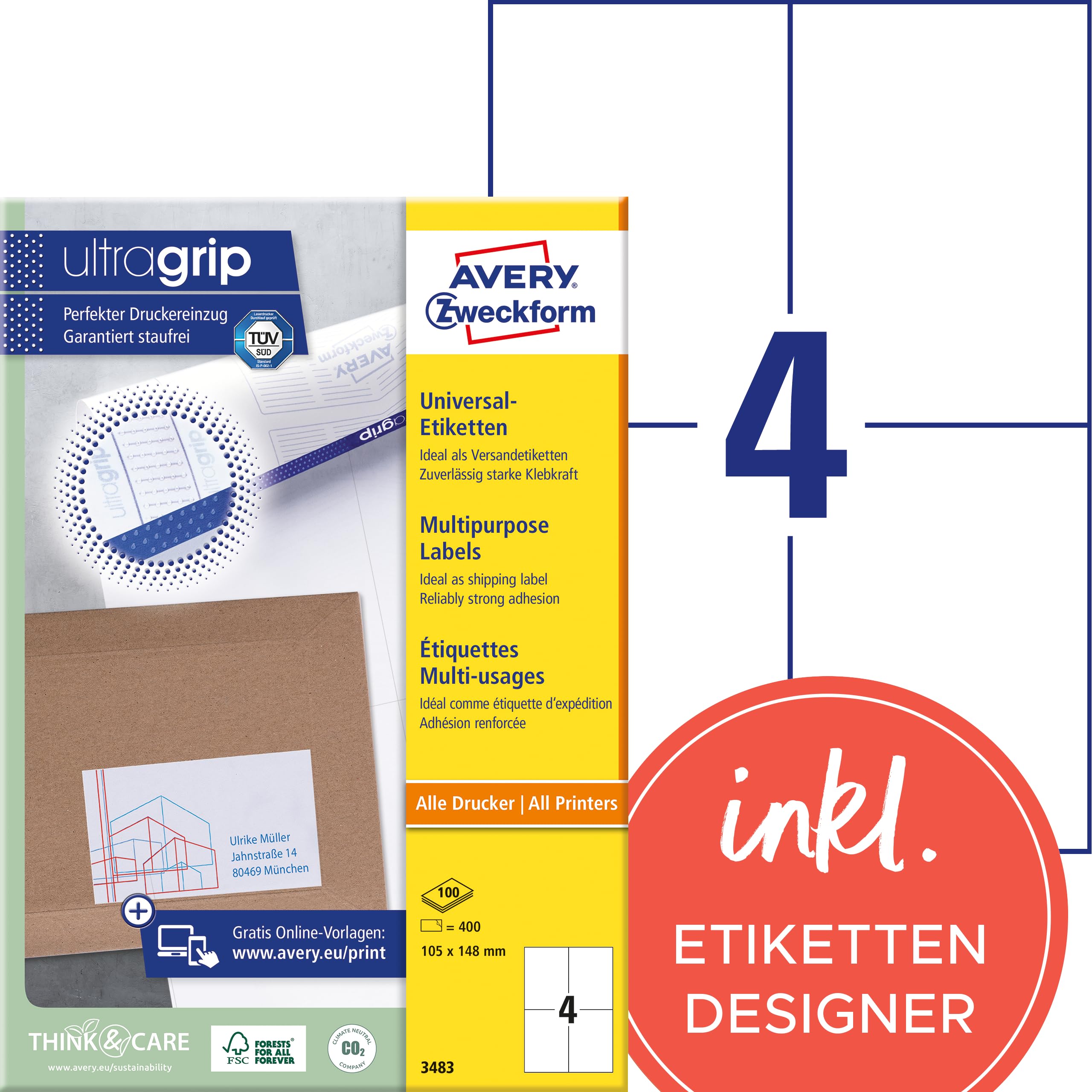 AVERY Zweckform 3483 Universal Etiketten (400 Klebeetiketten, 105x148mm auf A4, Papier matt, bedruckbare Versandetiketten, selbstklebende Versandaufkleber mit ultragrip) 100 Blatt, weiß