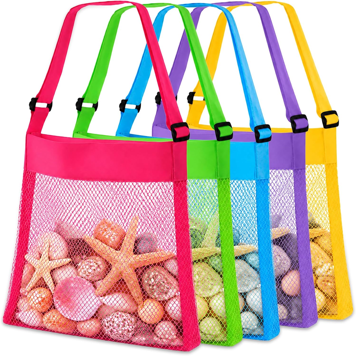 Mesh Beach Bags Foldable Sea Shell Bags Portable Sand Away Tote Bag with Adjustable Straps for Collecting Shell