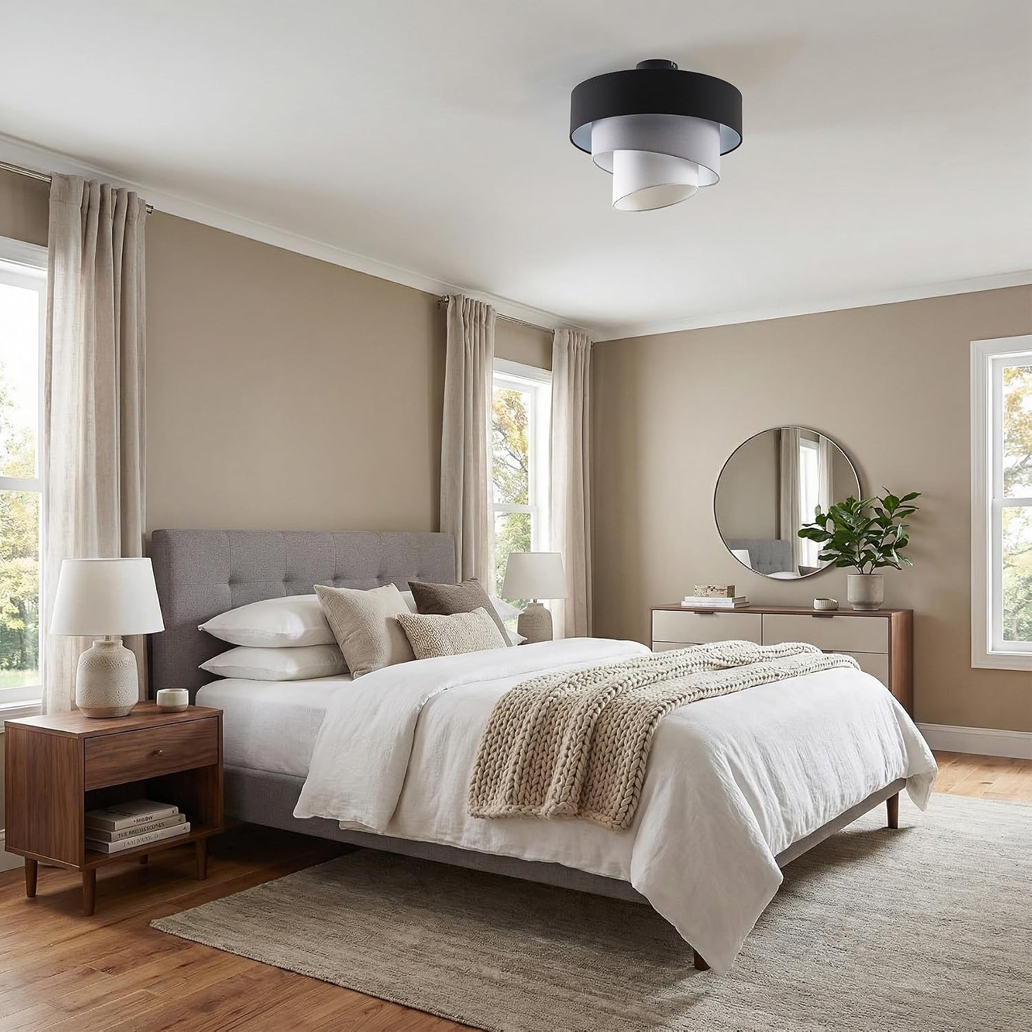 15.7" Semi Flush Mount Ceiling Light Fixture, 3-Tier Drum Chandelier Black Grey White Fabric Shade, Modern Bedroom & Living Room Light Fixture, E26 Base, Hardwired, Bulb Not Included image 3