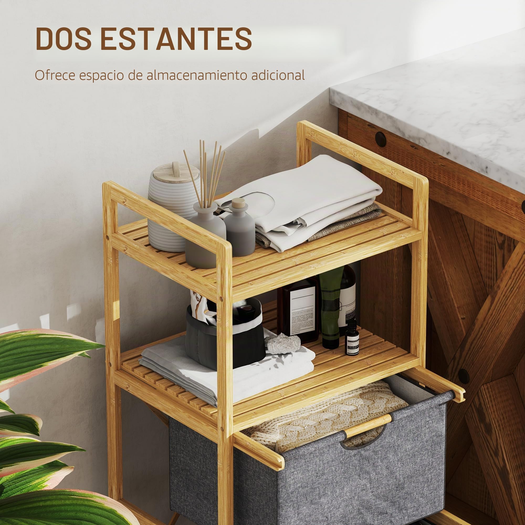 HOMCOM Cesta de ropa 35,4 L con 2 cestas de tela, con asa, Natural | Cesto para ropa, estantes abiertos, caja de ropa, para baño, bambú.