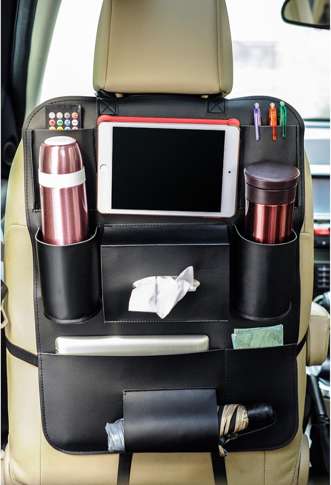 Car Seat Back Organizer, Pu Leather Car Seat Back Organizer, Fit Most Vehicles,Backrest Pocket for Children. (Black)