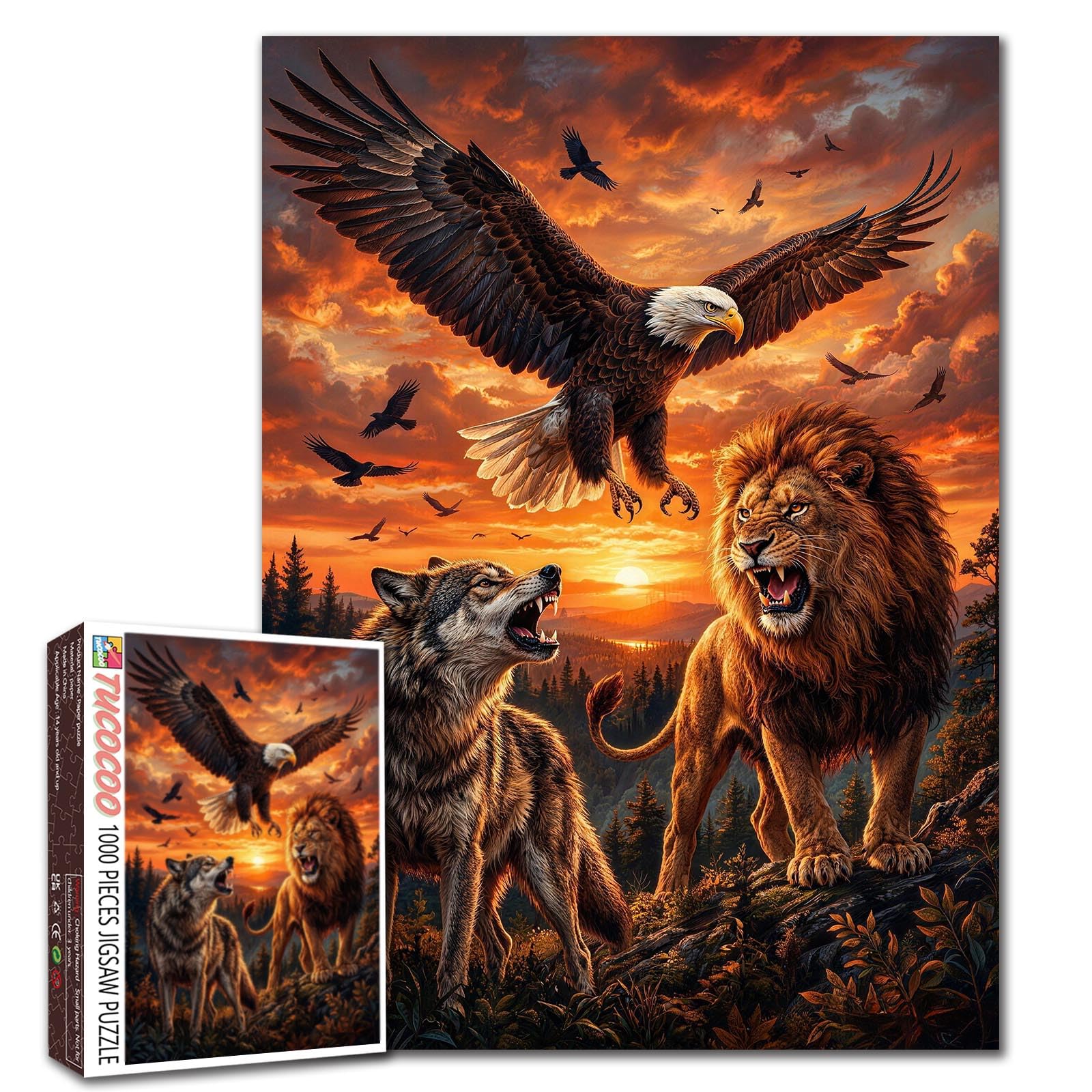 Wolf-Lion-Eagle Puzzle Power Combo Forest Sunset Animal Jigsaw Epic Wildlife 1000 Pieces Puzzles for Adults Beginner Challenging Family Activity Games DIY Crafts Puzzle for Home Decor Gifts