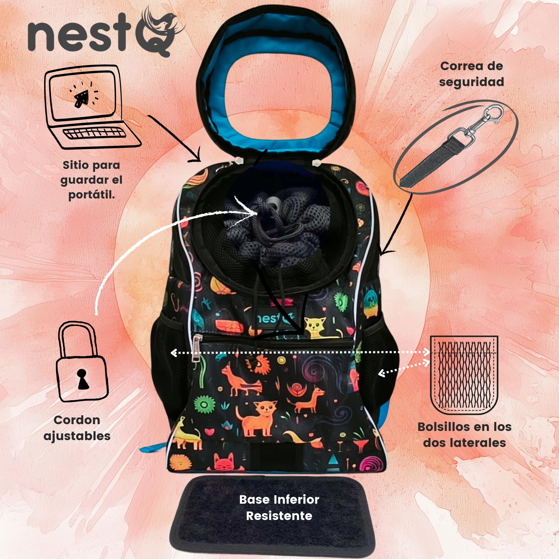 Mochila Transportín Mascotas Perro Gato hasta 3kg 43x30x20cm | hasta 3kg, 43x30x20cm, para gatos/perros