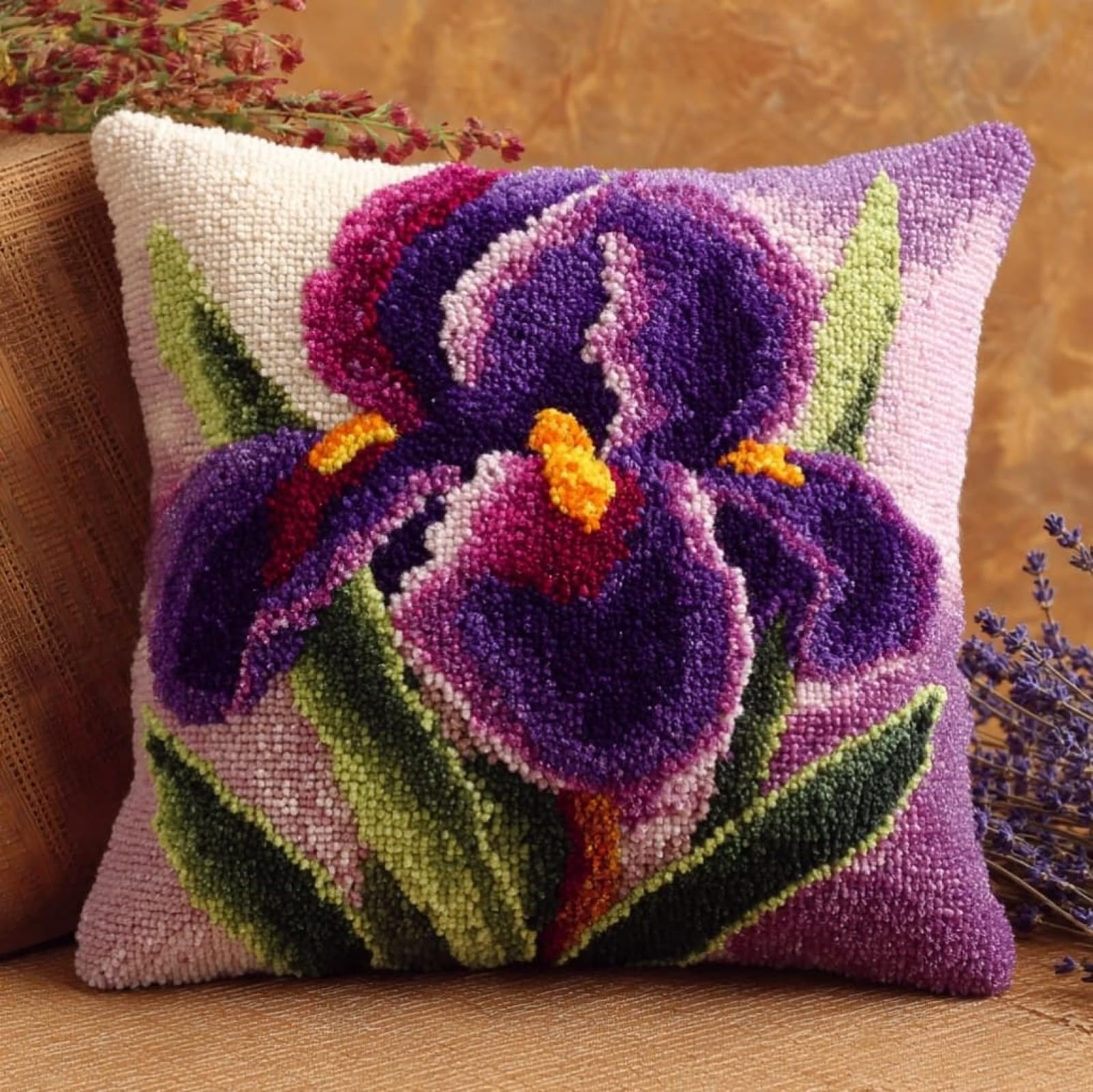 AxiangziK Latch Hook Pillow Kit,Beautiful iris 43x43cm DIY Cushion Cover Set with Printed Canvas & Complete Tools for Adults