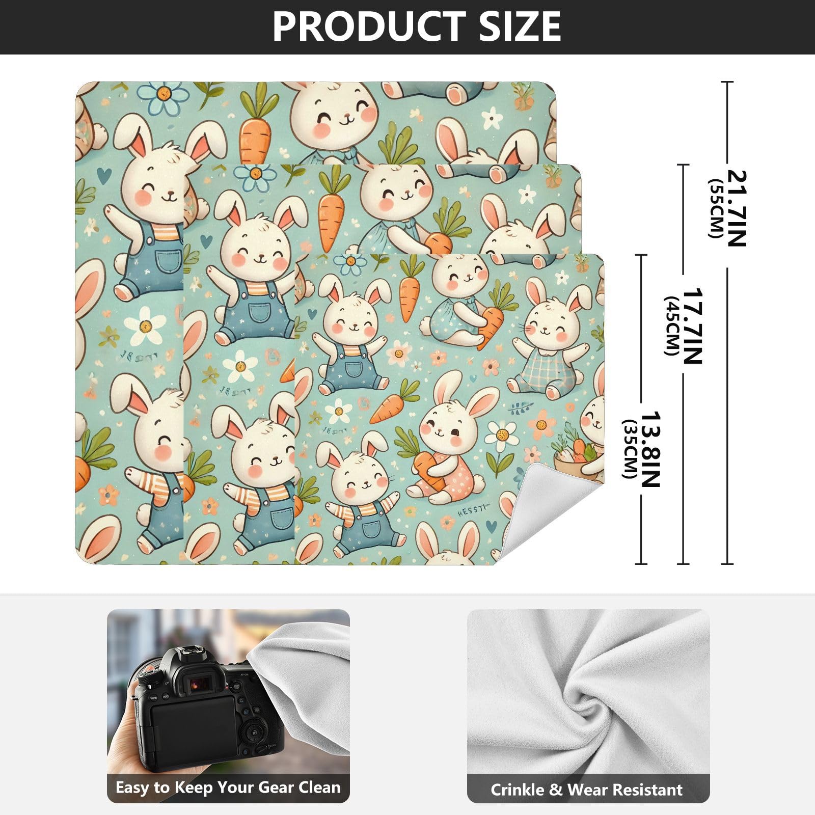 ODAWA Bunnies with Carrots Self Adhesive Cloth 13.8X13.8 Inch Magic Flexible Folding Self-Stick Makeup Bag Magic Self-Adhesive Cloth for Camera, Lens, Laptop