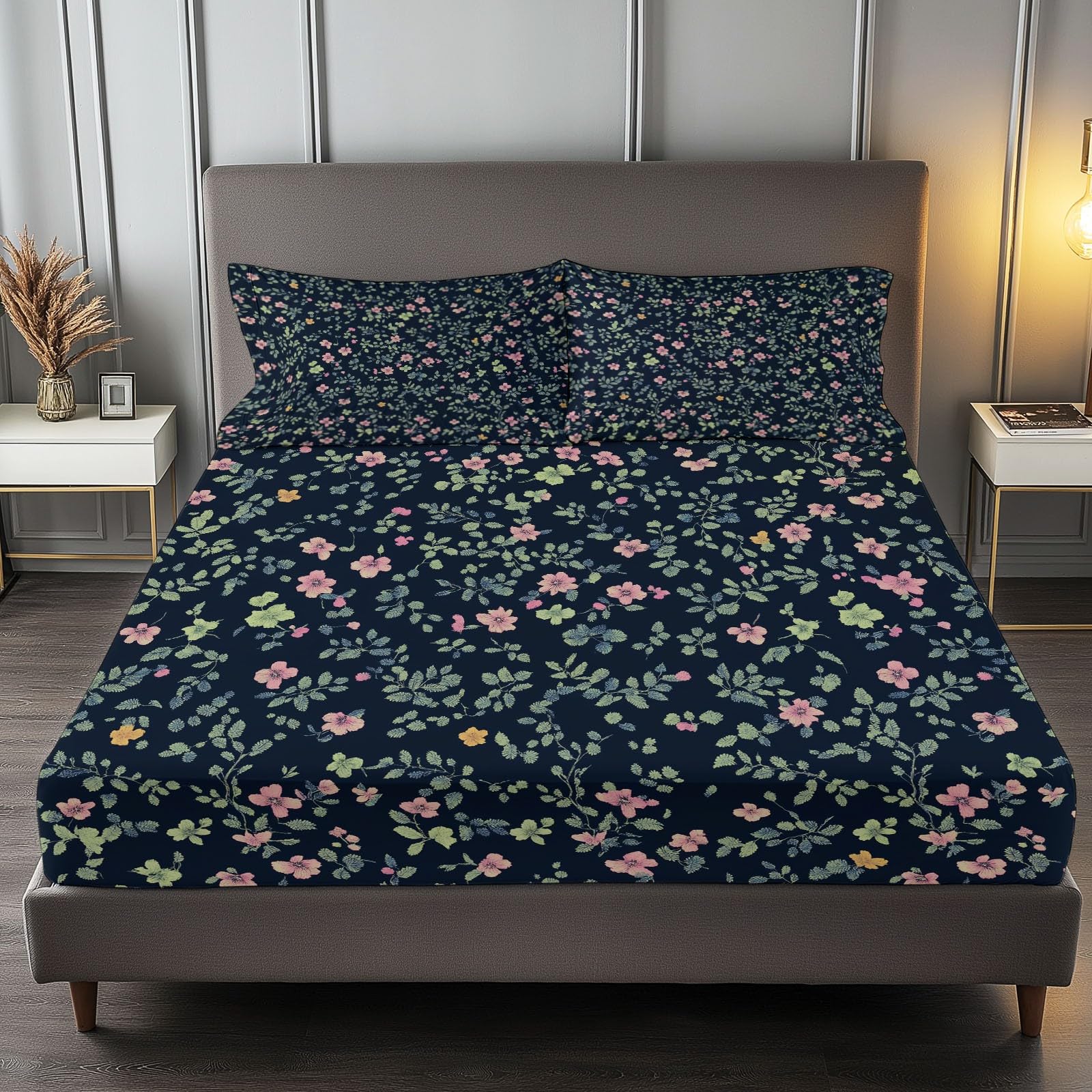 Fitted Sheet Twin Size Bedding Set for Kids Girls Women Men Room Decor, Soft Microfiber & Deep Pocket & Wrinkle Free Cartoon Small Flowers Bedding Sheets, Dark Blue