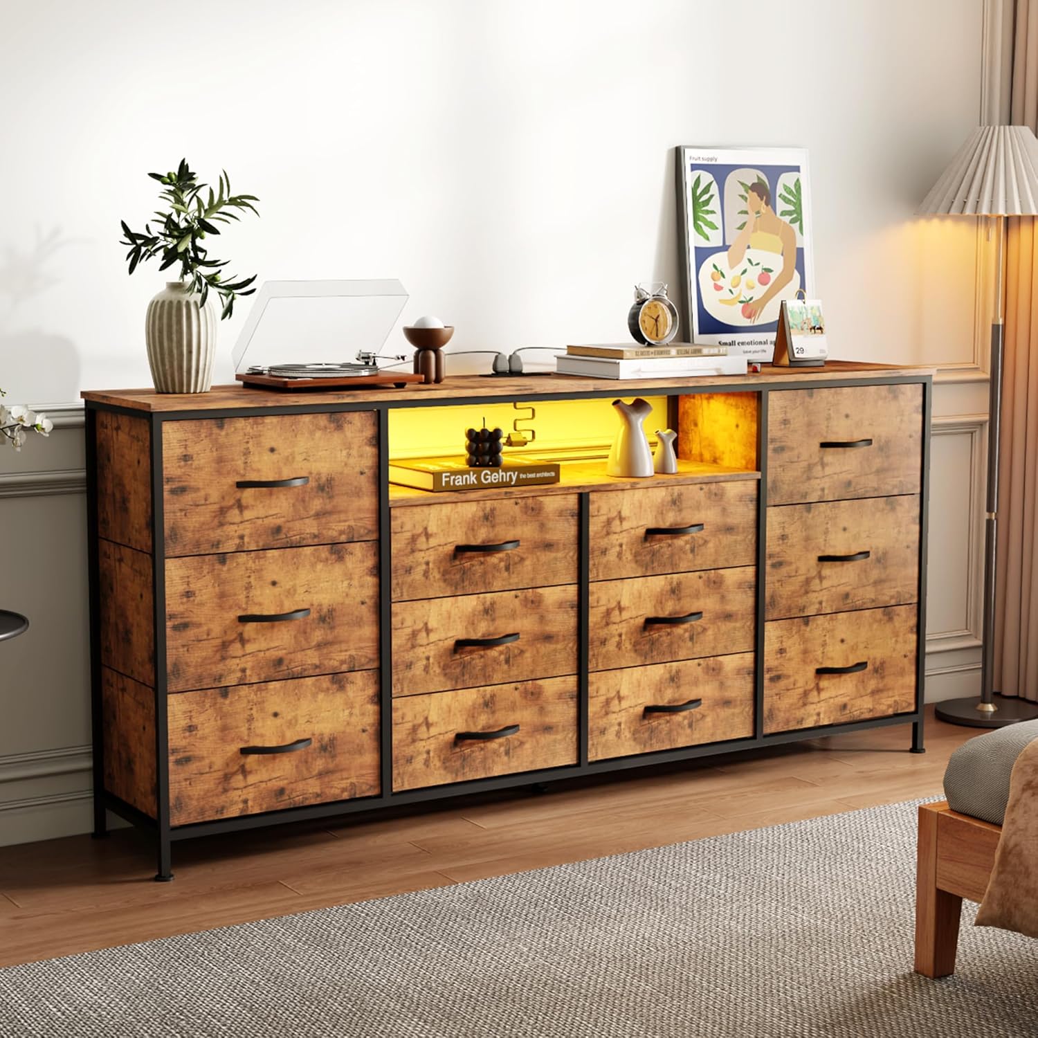 63" Dresser TV Stand for 65 70 75 Inch TV, Fabric Chest of Drawers with Charging Station, LED Lights, Open Shelves & 12 Drawer Dresser, Modern Entertainment Center, Rustic Brown