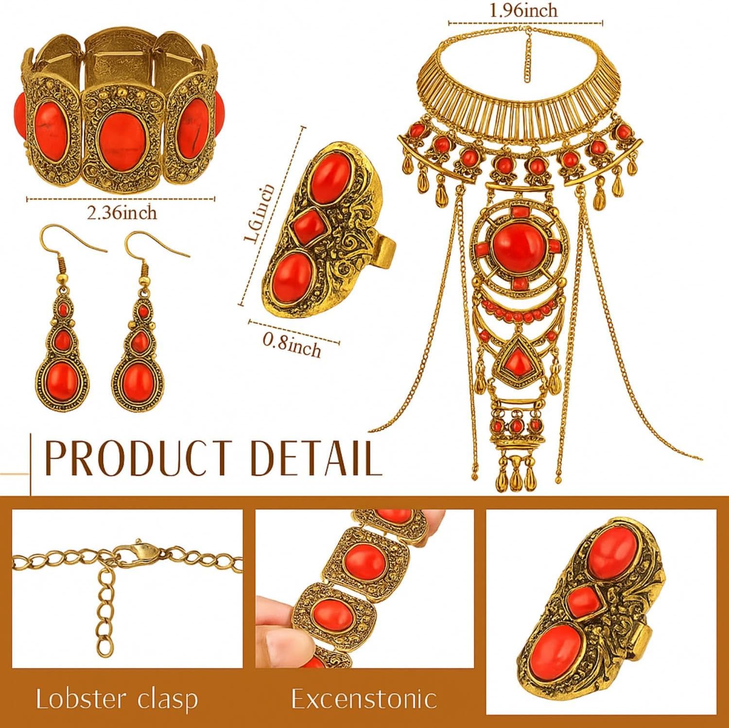 4 Pcs Boho Turquoise Jewelry Set Includes Boho Statement Necklace Body Chains Alloy Oval Resin Drop Dangle Earrings Adjustable Heart Compressed Turquoise Bracelet Statement Ring for Women