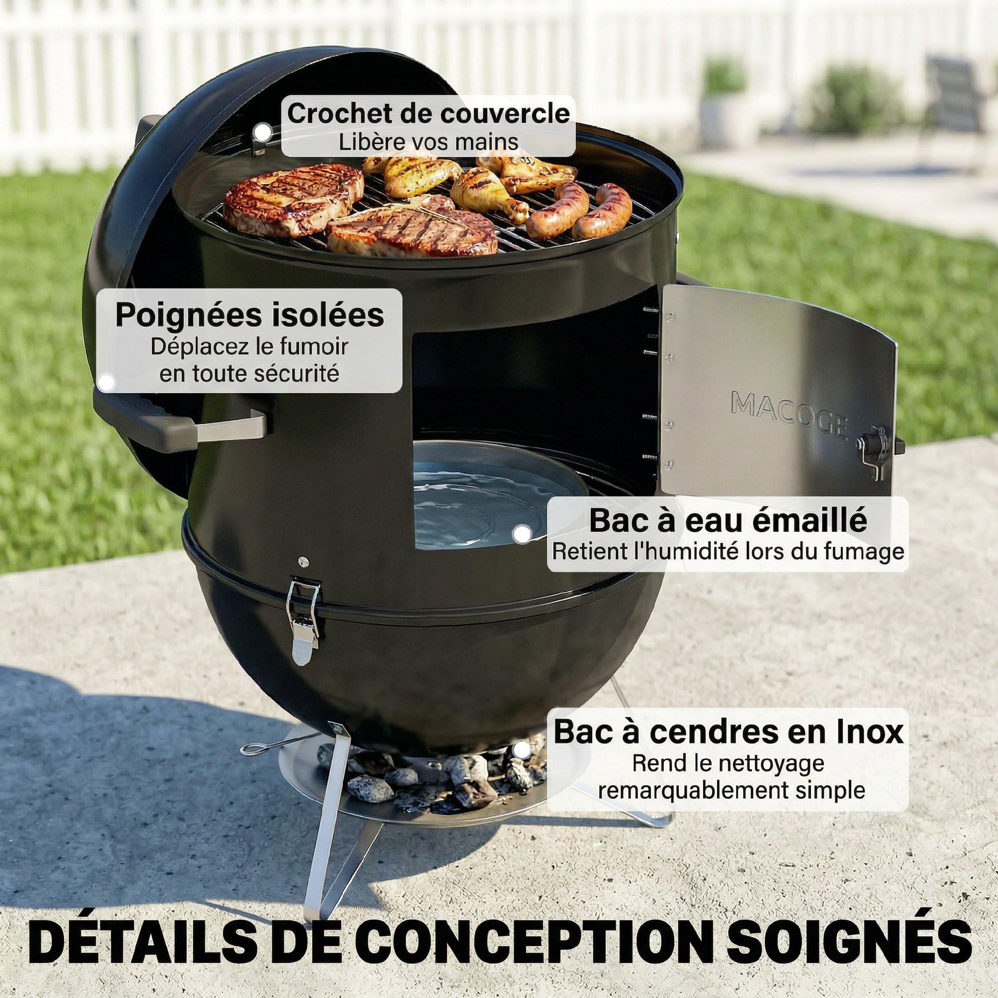 Outsunny Affumicatore 3-in-1 3 Griglie di Cott. Termometro Integrato Nero | Ø44 cm, presa d'aria regolabile, coperchio rimovibile, maniglia isolata, barbecue a carbone, carne e pesce