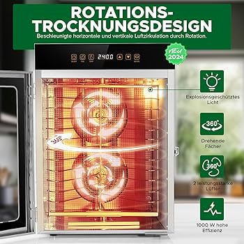 Kwasyo 12 Trays Stainless Steel Rotate Food Dehydrator, Dual Fan 720° Efficient Drying, 24H Adjustable Timer & 30-90u2103 Temperature Control, Dehydrator Food Dyer Uk For Meat Fruit, 1000W