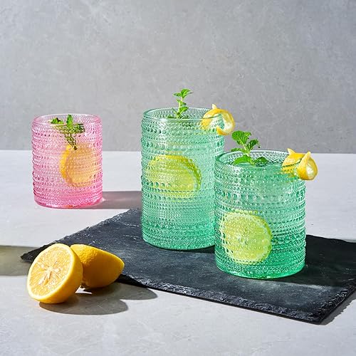Miniatura 4 de Hobnail - Vasos para beber con cuentas de colores, juego de 12, 6 vasos de 11 onzas + 6 vasos Highball de 12 onzas con diseño de burbujas, agua,