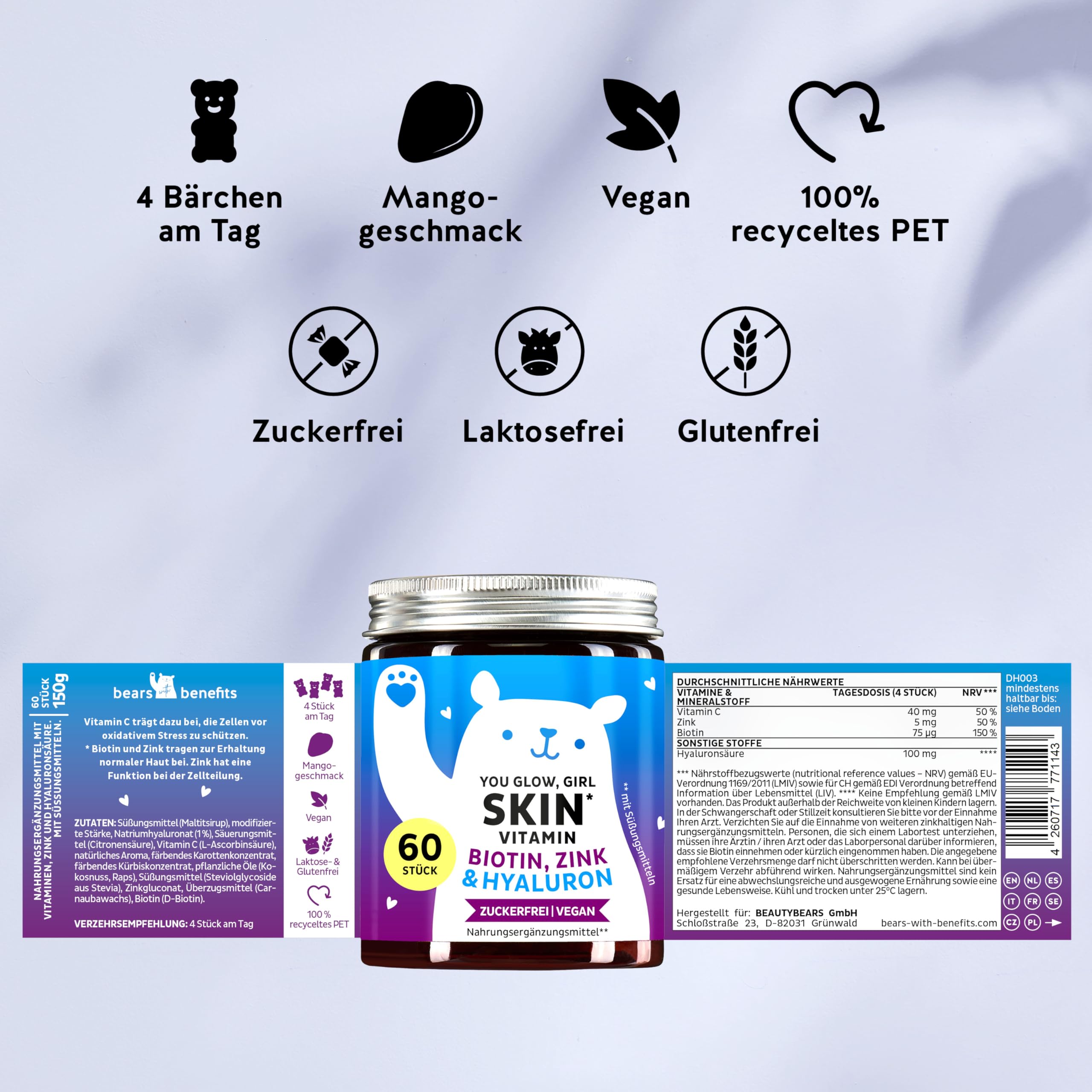 You Glow Girl Skin Vitamin Gummibärchen - mit 100mg Hyaluronsäure, Vitamin C, Zink, Biotin - 60 Stück – Zuckerfrei, Vegan – Bears with Benefits