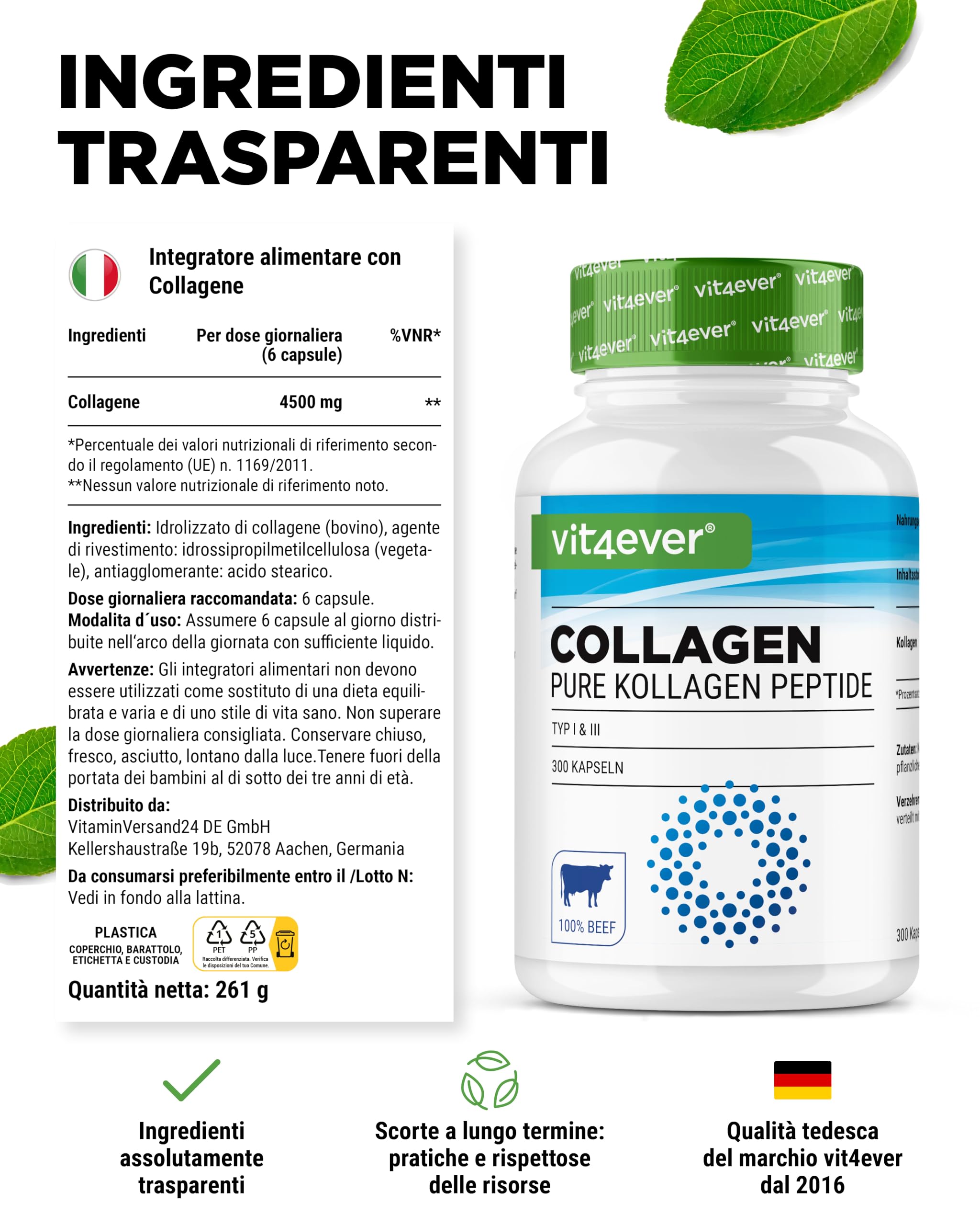 Collagen 300 capsule - 4500 mg di peptidi idrolizzati di collagene bioattivi per dose giornaliera - Collagene di tipo 1 e 3 - Alternativa alla polvere - Alto dosaggio