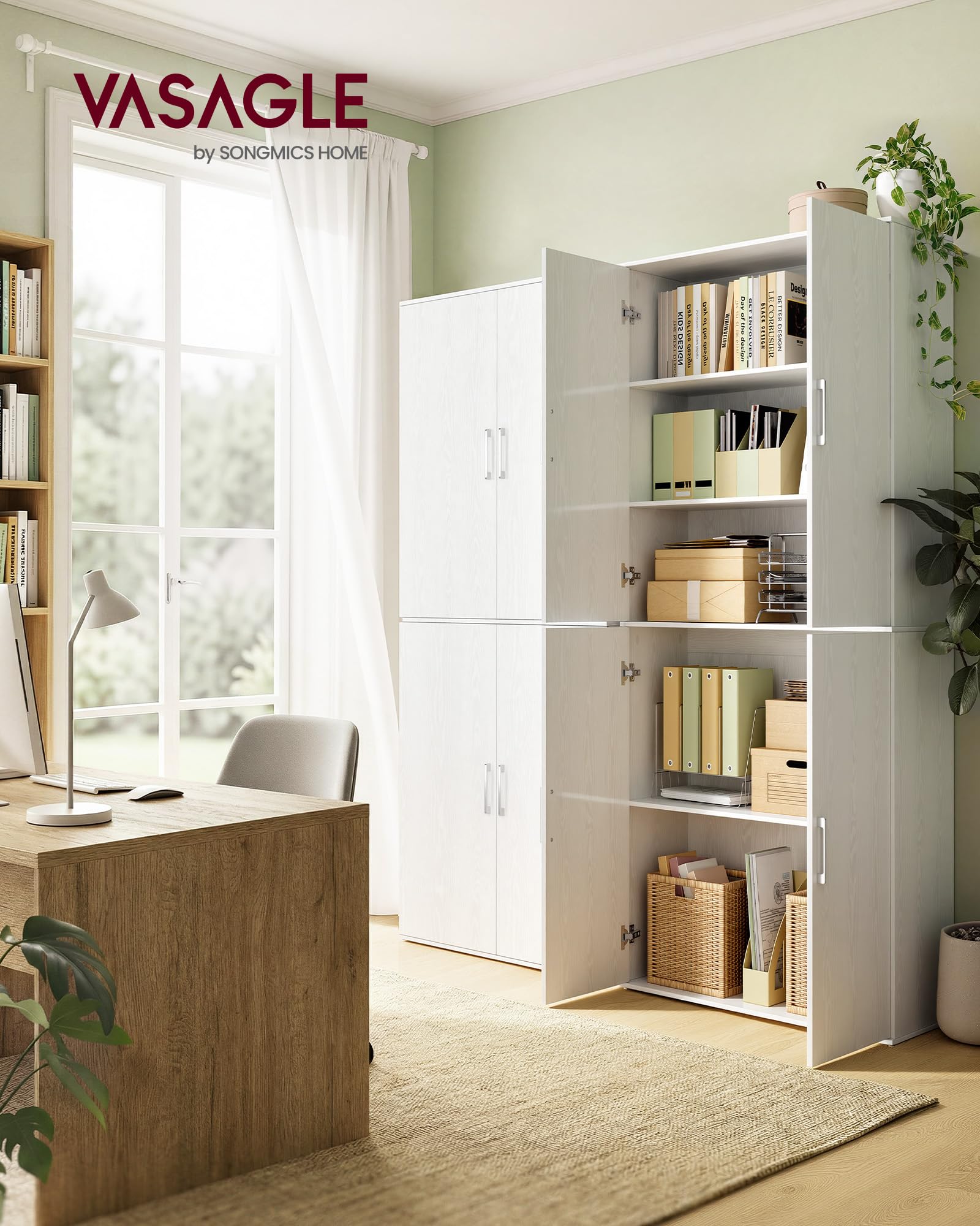 VASAGLE Placard Multifonction 4 Portes, 5 Niveaux, Caisson de Bureau, Meuble de Rangement, Armoire, avec Poignées, en Panneaux d’Aggloméré, 80 x 40 x 180 cm, Blanc Neige OFC083WE01