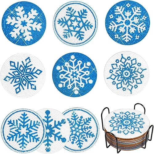Fennoral Paquete de 9 posavasos de pintura de diamantes de copo de nieve de invierno con soporte para pintura de diamantes de invierno para adultos,