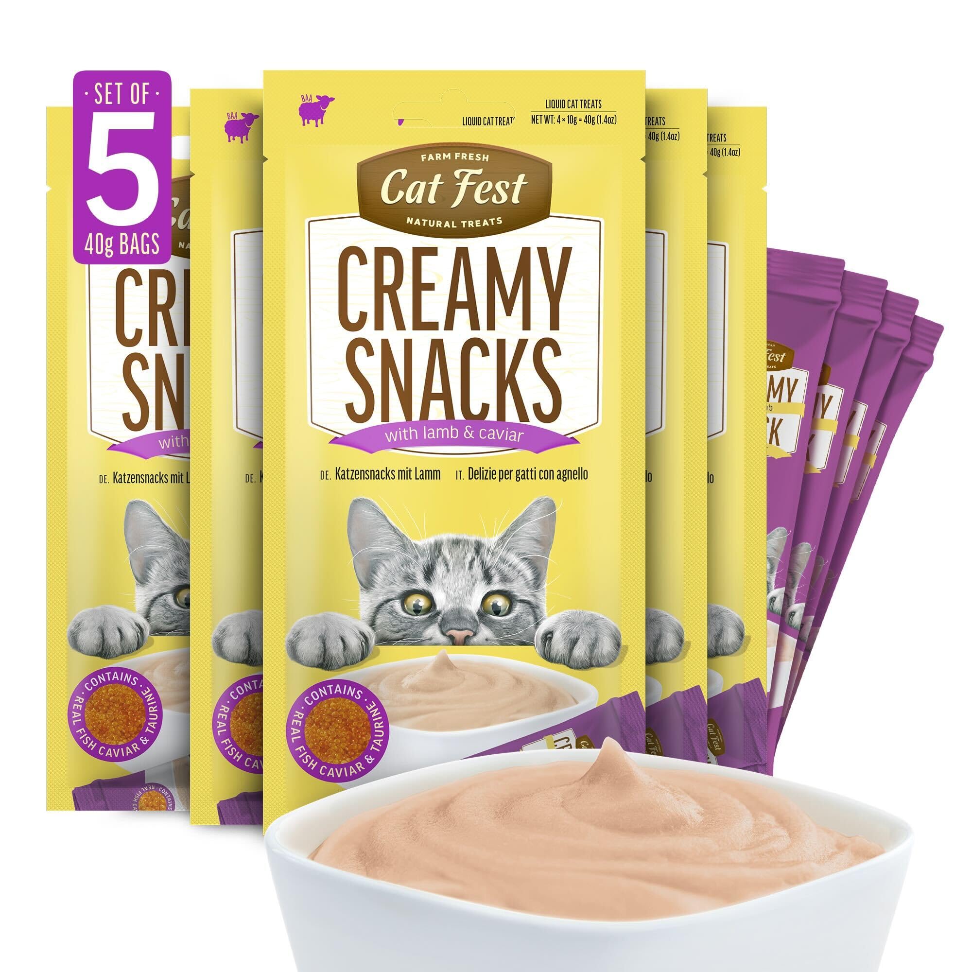 Cat Fest Creamy Snacks Lamb with Caviar, 100% Natural Lickable Cat & Kitten Treats (Cat Snacks), Enriched with Taurine & Vitamin E, 20 x 10g