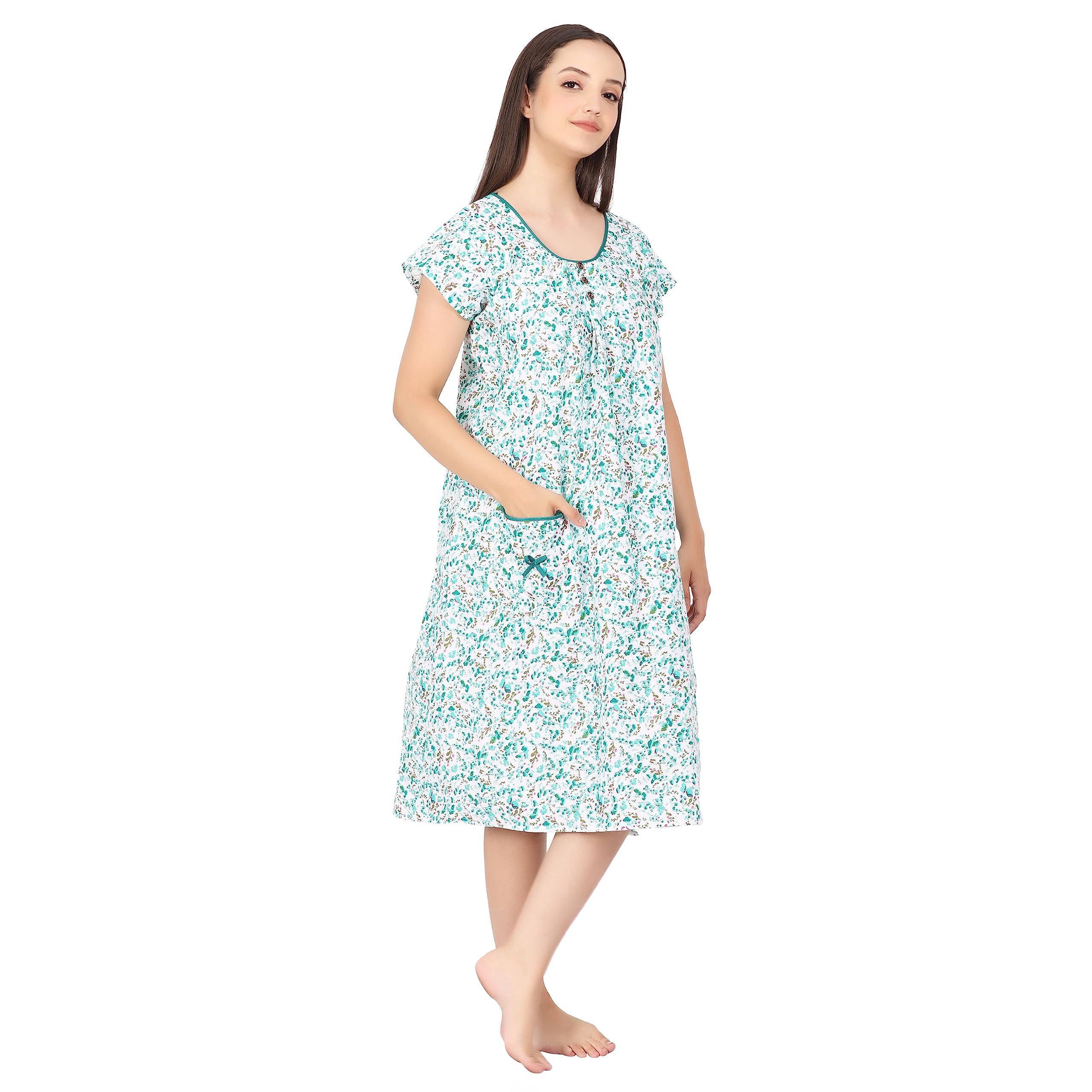 Woman's Long Short Calf Length Cotton Nighty Green-image-16
