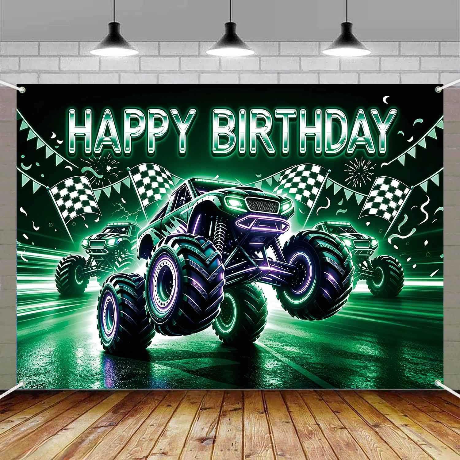 Monster Truck Birthday Backdrop 5x3Ft Green Purple Monster Car Banner image 2