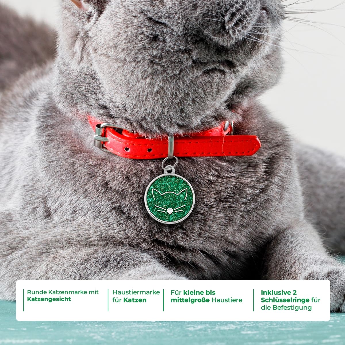 Medaglietta Gatto Personalizzata con Incisione Targhetta Identificativa Rotonda Verde Glitterato