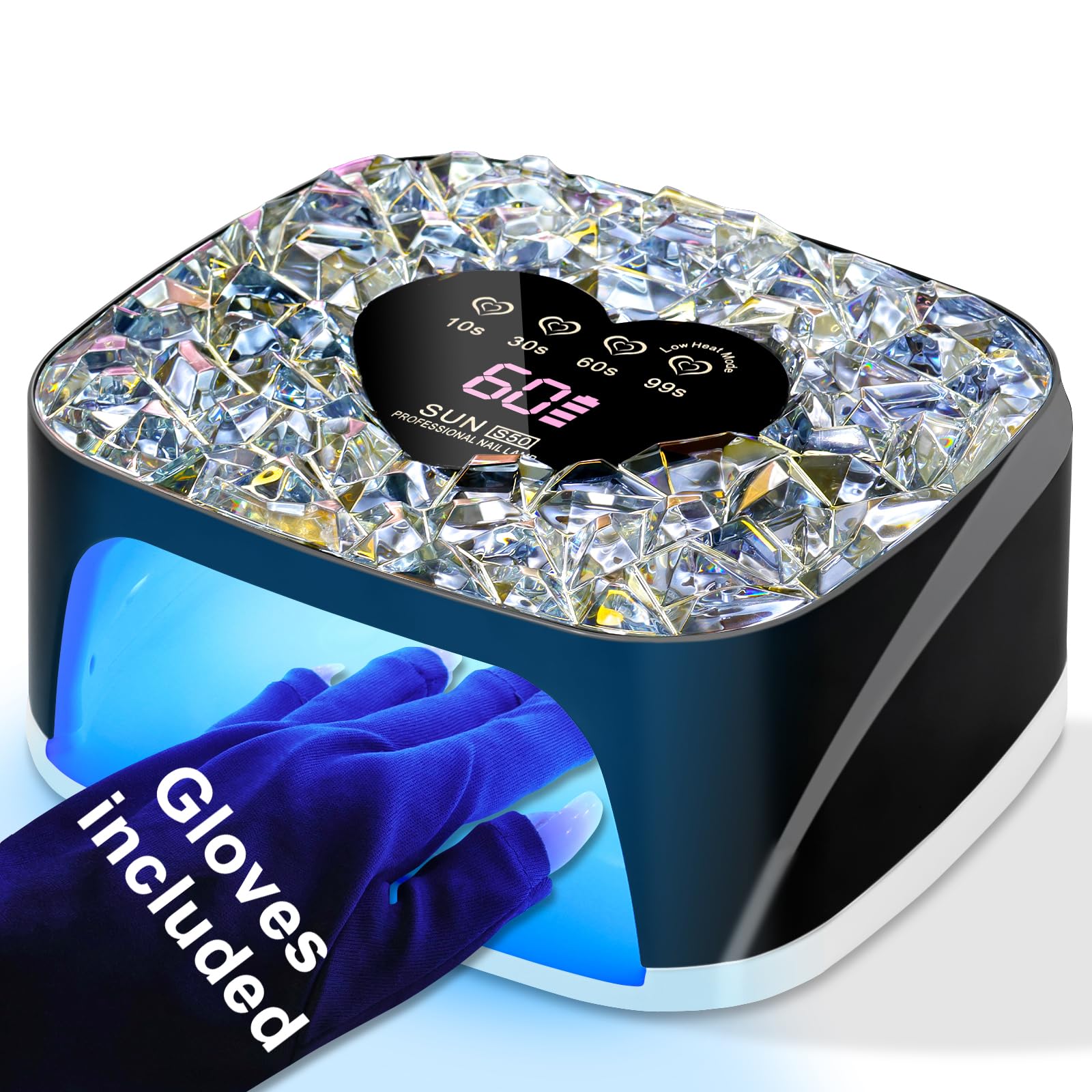 LIMEGIRL UV LED Nail Lamp Kit for Gel Polish Professional Fast Black Diamond Design Curing Dryer Light Set with 4 Timers and Gloves Cordless Rechargeable Nail Art Cure Machine at Home and Salon S50 Black