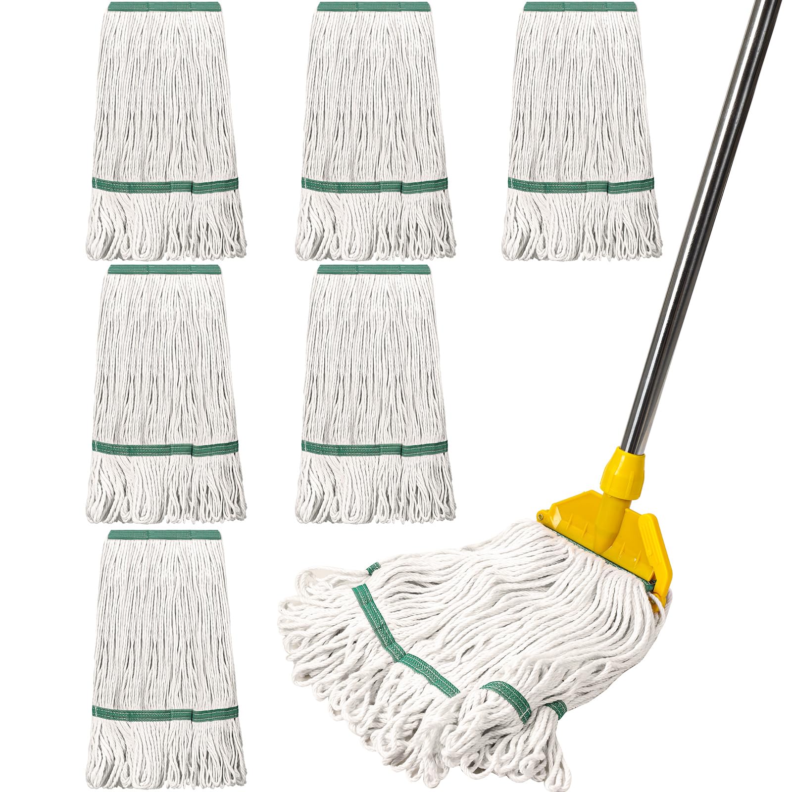 Paquete de 6 cabezales de fregona de hilo de algodón con extremo de bucle pesado, cabezal de fregona de repuesto comercial para limpieza de suelos industriales y comerciales (blanco, verde) (blanco,