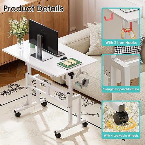 Miniatura 4 de Pequeño escritorio blanco para computadora de pie con cajones, altura ajustable para oficina en casa, escritorio de pie con 4 ruedas y 2 ganchos,
