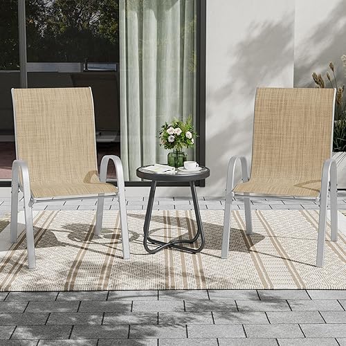 Miniatura 2 de UDPATIO Juego de 2 sillas de patio, sillas de comedor apilables plateadas para exteriores con respaldo alto, silla de tela de textileno transpirable