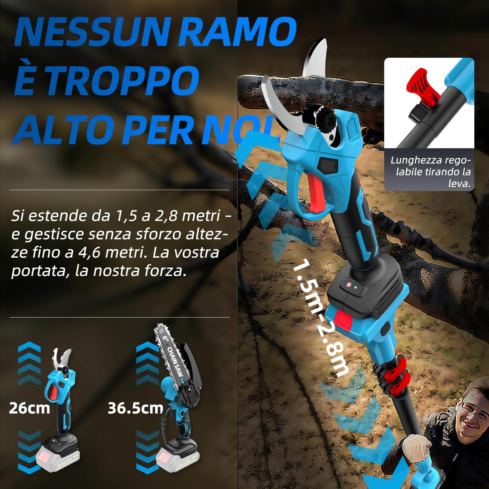 4 in 1 Potatore a batteria Motosega Mini da 15 cm (6″) con asta telescopica (2,5 m) + Cesoia elettrica 35 mm, incl. 2 batterie 21V – perfetto per la cura degli alberi e il taglio dei rami