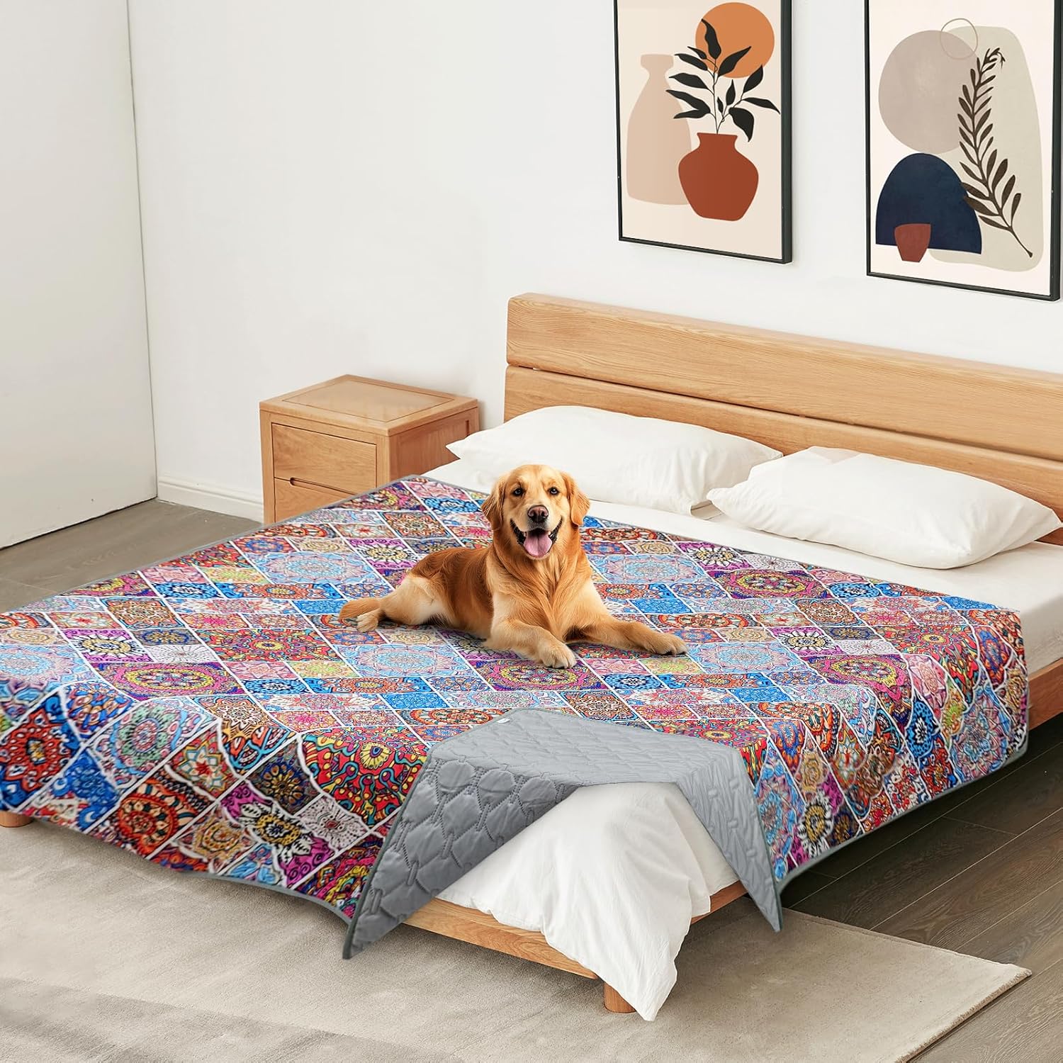 Waterproof Dog Blanket, Bohemian Dog Bed Cover Pet Blanket, Reversible Sofa Couch Cover for Dogs Washable, Protect Furniture Bed Couch Sofa for Puppy Cat (Colorful Medallion, 68×82 Inch)