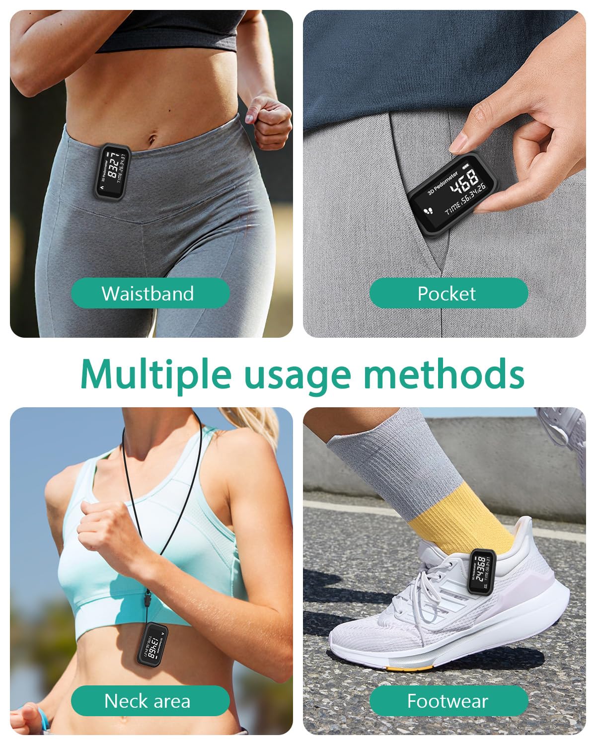 ORIA Podomètre 3D avec Clips et Cordon Compteur de Pas Précision Podomètre étanche Rechargeable Compteur Calories pour Marche Course Sport Natation