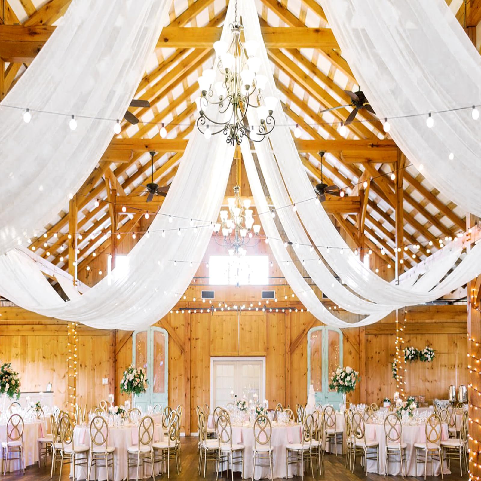 Lot de 6 rideaux de plafond en mousseline de soie transparente pour mariage, plafond, fête, cérémonie, scène, 1,5 x 4,6 m, blanc