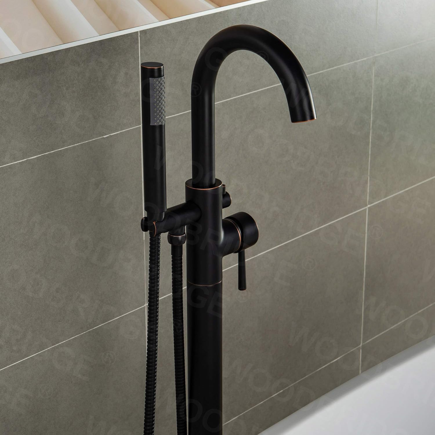 WOODBRIDGEE F0010 ORB Contemporary Single Handle Floor Mount Freestanding Tub Filler Faucet with Hand shower in ORB Finish.