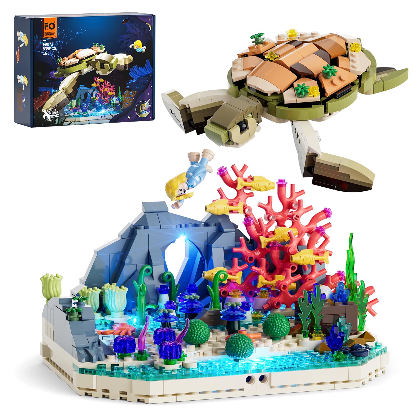 FUNWHOLE Turtle-Reef-Dream Building Set with Light, 835Pcs,Sea Turtle Animal Model with Dreamy Coral Reef, for Teens and Ocean Lovers,F9072