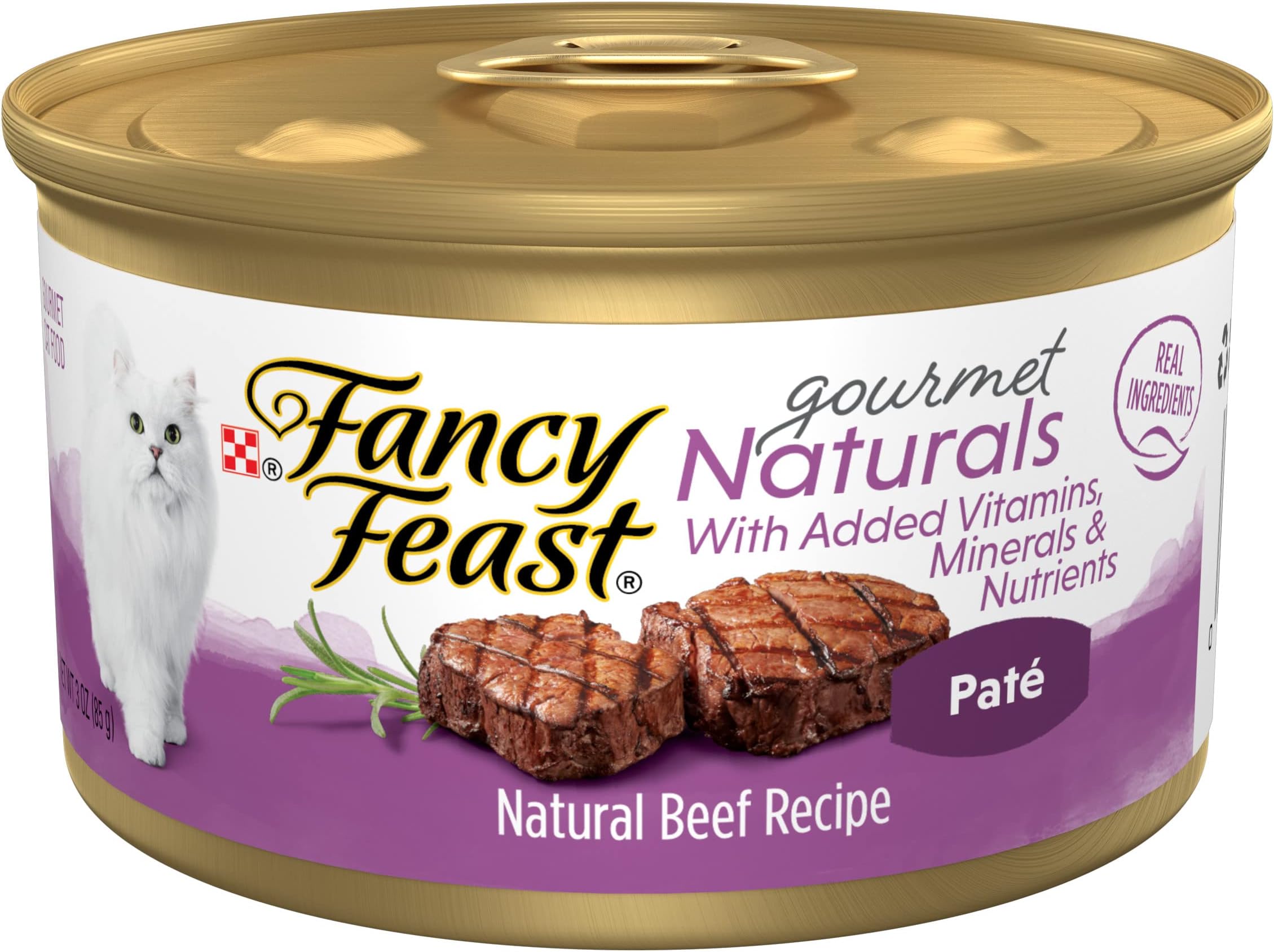 Purina Fancy Feast Pate Wet Cat Food Gourmet Naturals Beef Recipe With Added Vitamins, Minerals and Nutrients - (Pack of 12) 3 oz. Cans